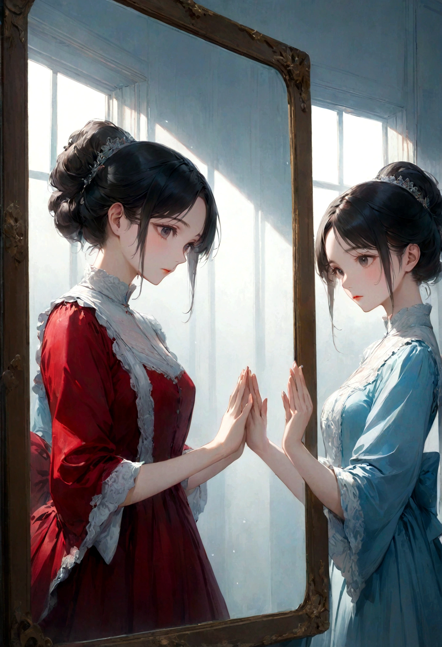 (masterpiece)、(Highest quality:1.1)、(Ultra HD:1.1)、Woman looking at herself in the mirror、Through the mirror、A woman looking at herself from inside a mirror and another woman looking at the mirror from outside、They are looking at each other and holding out their hands、