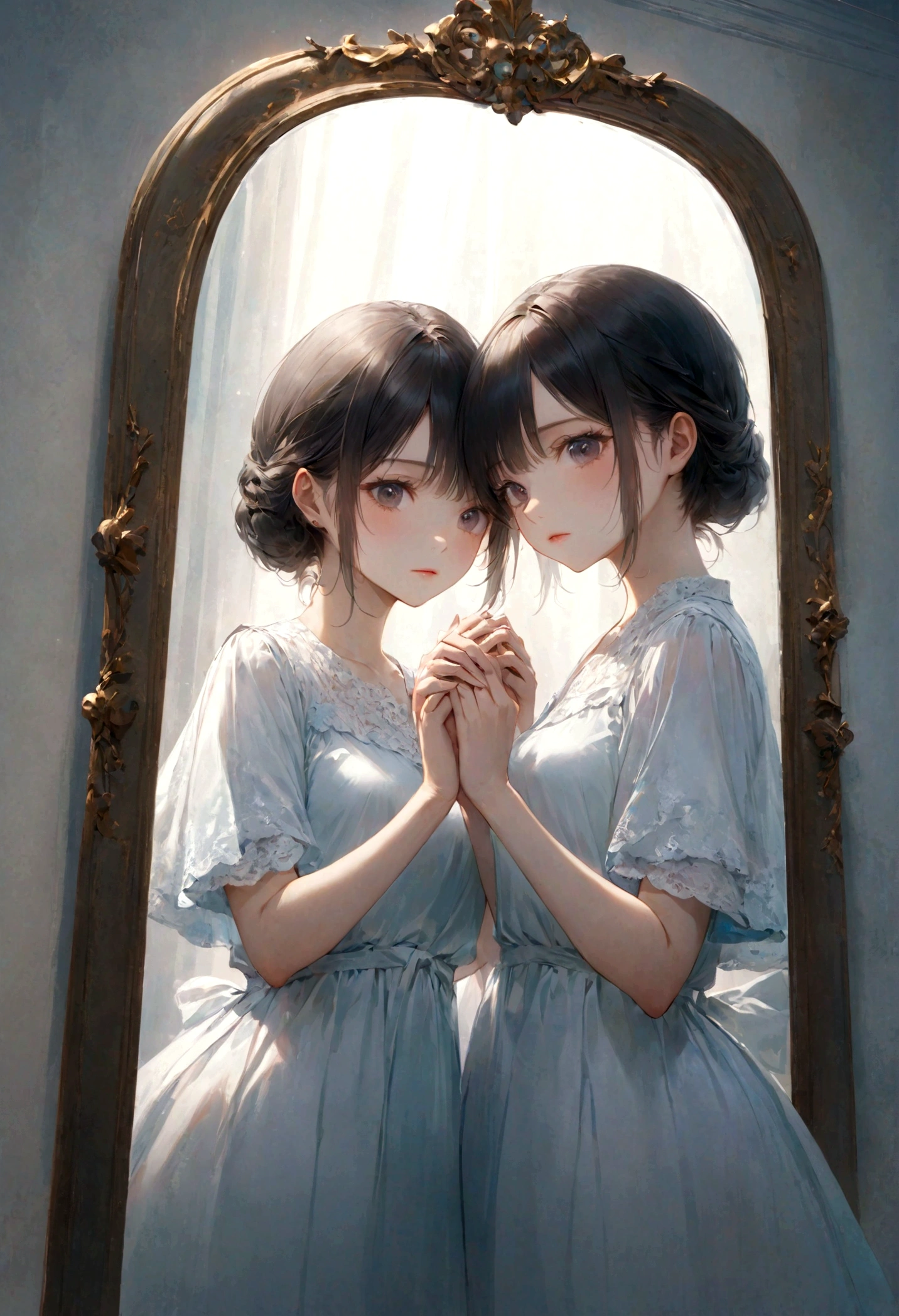 (masterpiece)、(Highest quality:1.1)、(Ultra HD:1.1)、Woman looking at herself in the mirror、Through the mirror、A woman looking at herself from inside a mirror and another woman looking at the mirror from outside、They are looking at each other and holding out their hands、