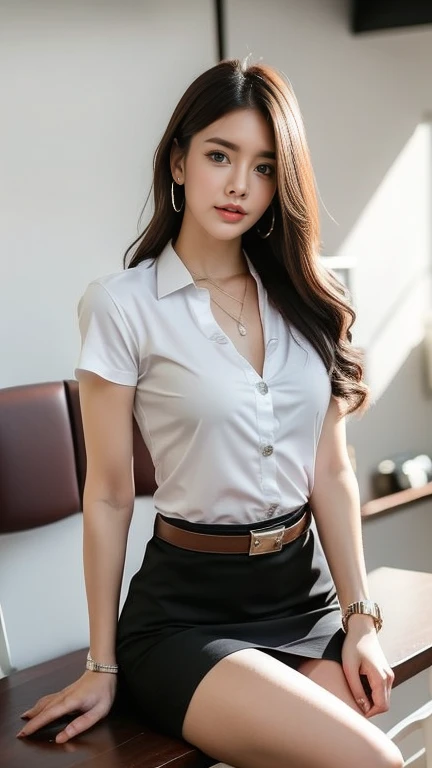 (8ก,high resolution,Masterpiece, best quality, alone, complicated details, Chromatic aberration), realistic, ((small breasts)), ((small breasts)), ((small breasts)), (Sagging breasts.), hair in one eye, big round hoop earrings, Diamond choker, Gold Necklace, silver necklace, small watch, bangle, bracelet, bangleข้อเท้า, waist necklace, (symmetrical eyes),(Perfect symmetrical body), (Photo of a beautiful 24 year old age girl), Beautiful and charming with contemporary fashion paintings as well.., looking at the audience, ((Behind the scenes of a large classroom)), (black short skirt), (((Wear a blue shirt over it.., ((white short sleeve shirt), (Open your shirt and show your breasts..), no bra.)), (open chest), (Sagging breasts.))), (()), (Long square leather belt buckle), ((Put your hands down.)), (Bob, Side flatness, brass colored hair, (There is a thin layer of hair covering the face..)), sharp eyeliner, eyelid, Blush, have thick eyelashes, sharp eyes, purple eyes, pink cheeks, Very delicate and beautiful, round chin, Sharp focus, elegant, (Open your legs on the study table..), (Sit facing out and looking at the camera..), (Open your legs and lift your right leg over your left leg..), (), Set a seductive example.
