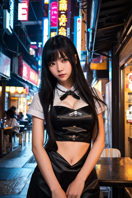 32k,Complex,Very detailed,Digital photography,Digital Cyberpunk Art、Semi-long hair of black color、Working in a cafe、Black and white waitress、Cyberpunk Waitress、Japanese women、1 person