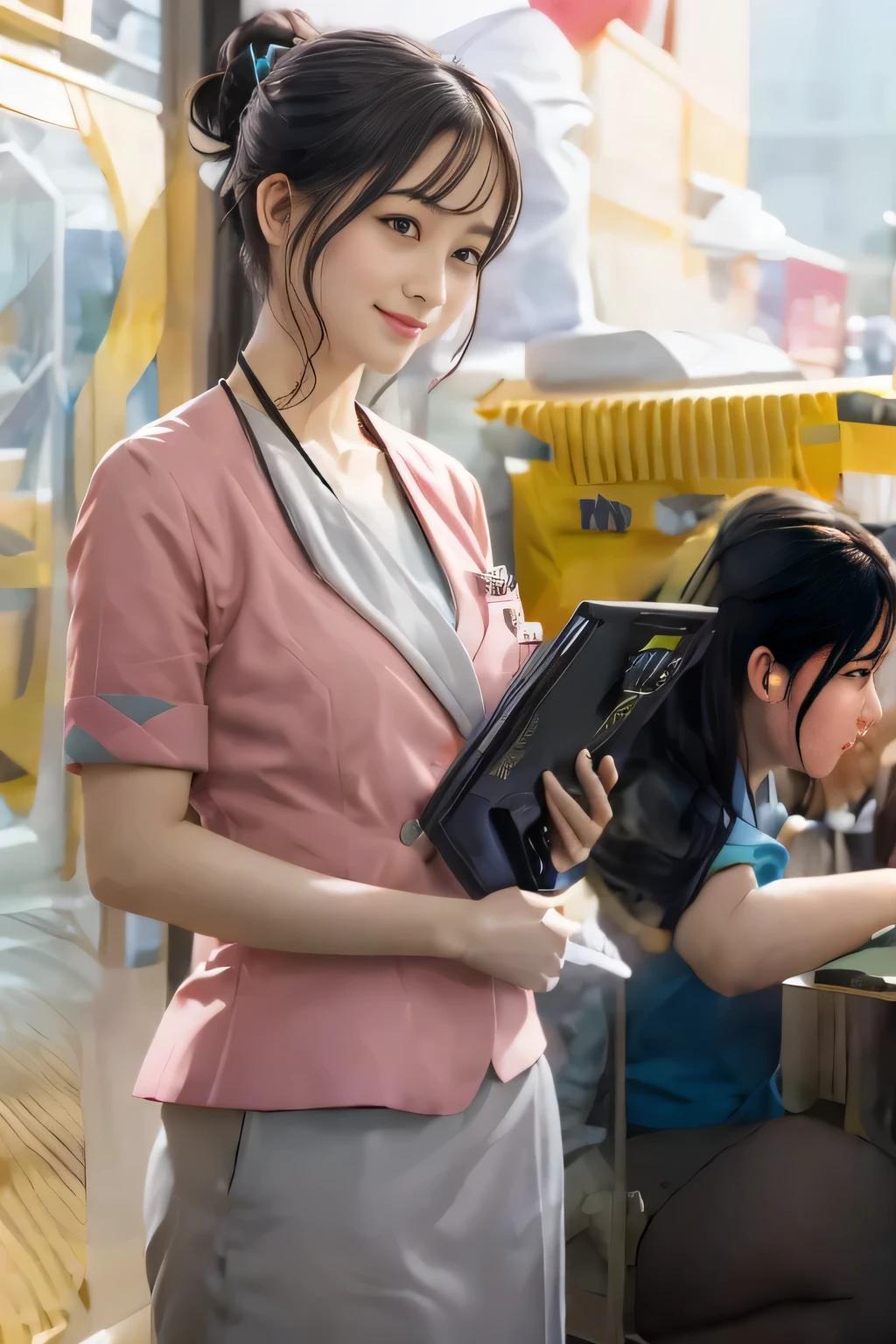 (masterpiece:1.2, highest quality:1.2), 32K HDR, High resolution, (alone、1 girl)、(On the rooftop of a building in the daytime、Professional Lighting)、Building rooftop background、(Nankai train crew uniform pinkを着たリアルスタイル)、(Nankai train crew uniform pink short sleeve pink jacket、Nankai Train Crew Uniform Pink Collarless Short Sleeve Blouse、Nankai Train crew uniform pinkのグレー色のキュロットスカート)、Dark brown hair、(Hair tied up、Hair Bun、Hair Bun)、Dark brown hair、Long Shot、Big Breasts、Thin legs、((Great hands:2.0)),((Harmonious body proportions:1.5)),((Normal limbs:2.0)),((Normal finger:2.0)),((Delicate eyes:2.0)),((Normal eyes:2.0)))、smile、(Nankai Train crew uniform pinkのグレー色のキュロットスカートを見せた美しい立ち姿)、Put your hands down、I have nothing in my hands
