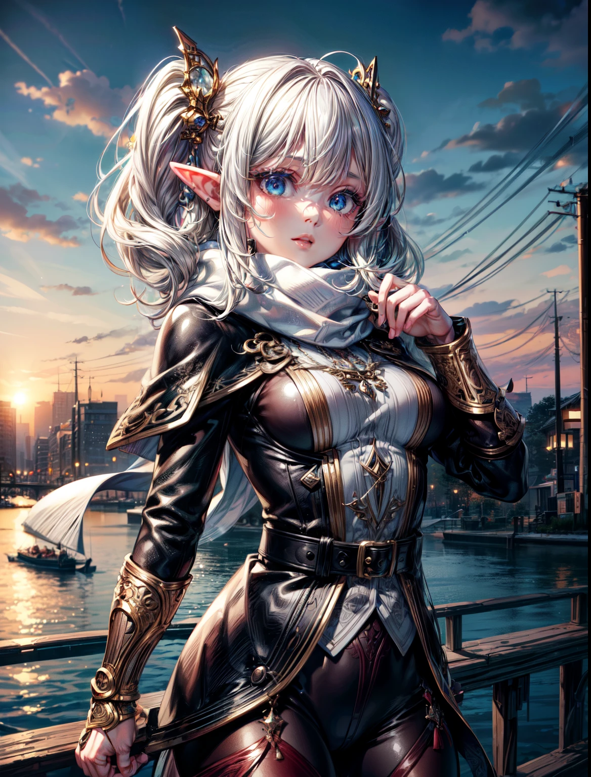 ((masterpiece )), (top quality), (best quality), ((ultra-detailed, 8k quality)), Aesthetics, Cinematic lighting, (detailed line art),
BREAK,
highly detailed of (elf), (1girl), perfect face, details eye, double pigtails hair, Blunt bangs, (hair between eye), blonde white hair, blue eyes, eyelashes, eyeshadow, pink eyeshadow, light smile, design art by Artgerm, by Kawacy, By Yoshitaka Amano,
BREAK,
(scarf), coat, jumper, sweater, cables, cables composition, fishermans rib, woolen material, open coat, legging, (white boots), cowboy shot, dynamic angle, looking at viewer, showing her hand out, (morning sun background, (Winter Creek background)), amano yoshitaka,
BREAK,
((perfect anatomy)), nice body, medium breast, extremely detailed finger, best hands, perfect face, beautiful face, beautiful eyes, perfect eyes, perfect fingers, correct anatomy, sexy