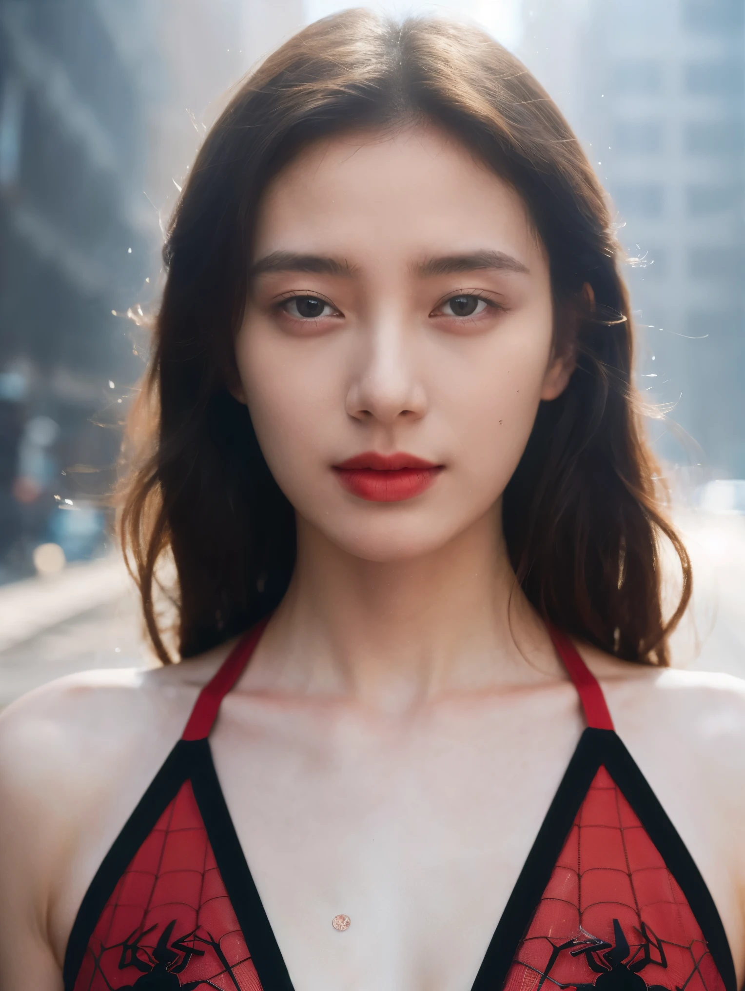 (1girl:1.3), solo, (((extremely detailed face))),(((extremely detailed eyes and face))),beautiful detailed eyes,body-parts__, official art, unified 8k wallpaper, super detailed, beautiful and aesthetic, beautiful, masterpiece, best quality, raw, masterpiece, super fine photo, best quality, super high resolution, photorealistic realism, sunlight, full body portrait, amazing beauty,, dynamic pose, delicate face, vibrant eyes, (from the front), she is wearing a Spider-man suit, red and black color scheme, spider, very detailed abandoned warehouse background, Detailed face, detailed complex busy background, messy, gorgeous, milky white, highly detailed skin, realistic skin details, visible pores, sharp focus, volumetric fog, 8k uhd, DSLR, high quality, film grain, fair skin, photo realism, lomography, huge metropolis in future dystopia, seen from below, translucent