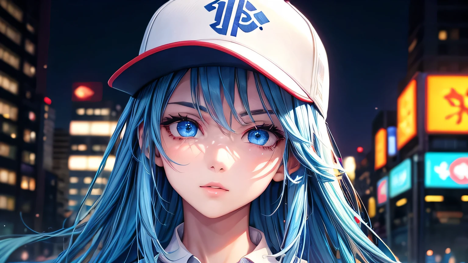 male,Handsome,HIP-HOPstyle,1.3, Beautiful Hair: 1.2,1.2,Background white,1.1, Ultra-high resolution, Accurate, Super detailed, Textured skin, High detail, highest quality, 8k,Thin bangs,Upper Body,Well-drawn eyes, Focus on the face,Baseball cap,Detailed hair depiction,Detailed depiction of eyes、Detailed depiction of hair,City of night,Blue Neon Light,Blue Hair,Blue Eyes,青いBaseball cap,