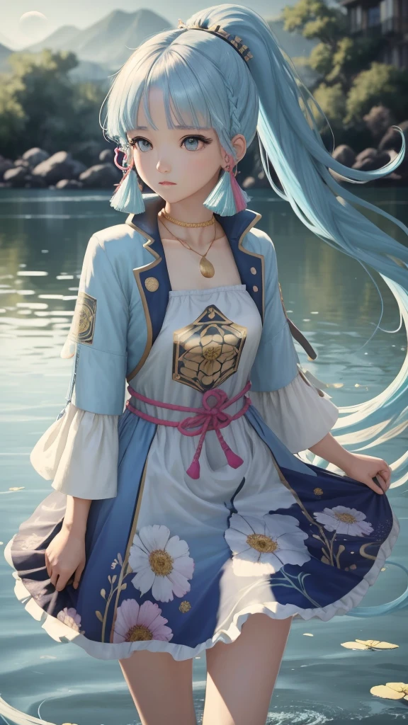 (masterpiece), (best quality), (ultra detailed), (disheveled hair), (illustration), (1girl), (Fashionable clothing), standing, Fashion model, looking at viewer, (interview), (simple background), beautiful detailed eyes, delicate beautiful face, Floating, (high saturation), (colorful splashes), colorful bubble, (shining), focus on face, ponytail, kamisato ayaka, light blue hair, bangs, hair ring, floating flowers, floating hairs, (shining), best lighting, best shadow,