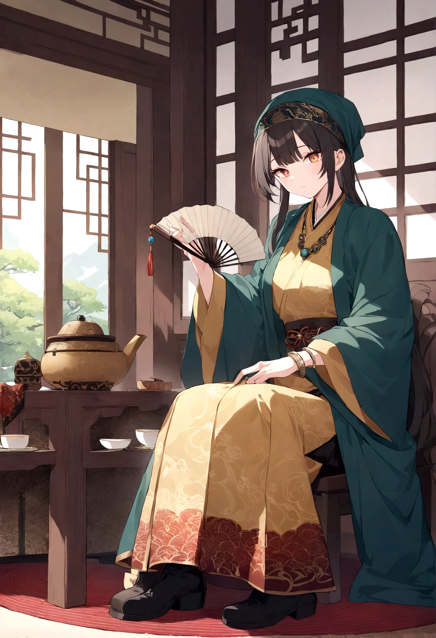 Zhuang costumes,Middle-aged male rich man,Dark blue headscarf,Gold embroidered edges,Dark green silk robe,Black brocade wide-leg pants with delicate Zhuang traditional patterns Polished black boots Chunky gold necklace,Carved silver bracelet with gemstone and gold ring, traditional Zhuang ethnic wooden mansion with carved wooden chair in the background,On the tea table are blue and white porcelain tea sets and a mahogany folding fan.,Exquisite details and sharp eyes,Calm expression and authoritative temperament,The Zhuang Drum Tower and Fengyu Bridge interior decoration in the background:Zhuang Brocade Tapestry,Copper incense burner natural light,Warm tones