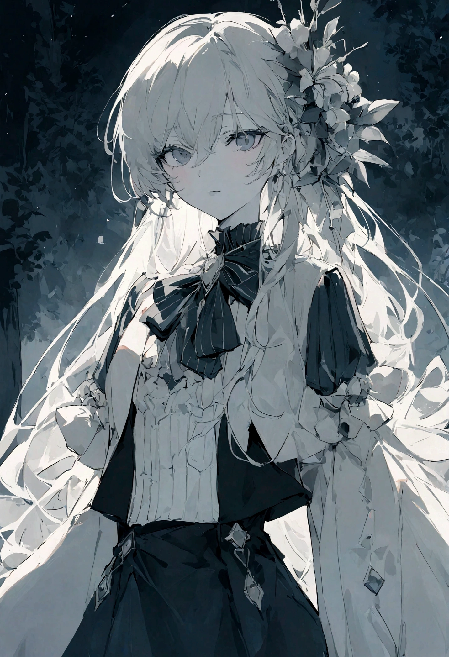 Incarnez une merveilleuse jeune fille albinos de 20 ans, with white skin and platinum hair, en tenue de soirée, travaillant comme DJ la nuit. Elle est attirante. Avoir les cheveux longs. portant un chemisier en dentelle noire et une veste ample. elle a l&#39;air de travailler dur