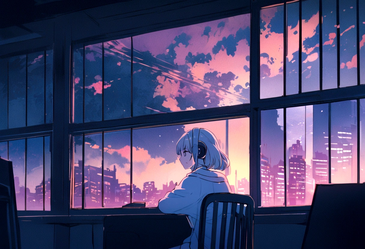 high quality、4K、Girl sitting on a chair wearing headphones、Take a nap at your desk、city view outside the window、night、pastel colour、Painting、Facial expressions of details、wide shot