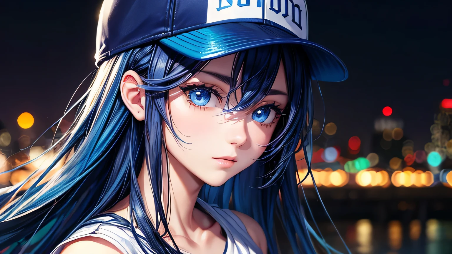 male,Handsome,HIP-HOPstyle,1.3, Beautiful Hair: 1.2,1.2,Background white,1.1, Ultra-high resolution, Accurate, Super detailed, Textured skin, High detail, highest quality, 8k,Thin bangs,Upper Body,Well-drawn eyes, Focus on the face,Baseball cap,Detailed hair depiction,Detailed depiction of eyes、Detailed depiction of hair,City of night,Blue Neon Light,Dark blue hair,Light blue eyes,Emerald Blue Baseball cap,