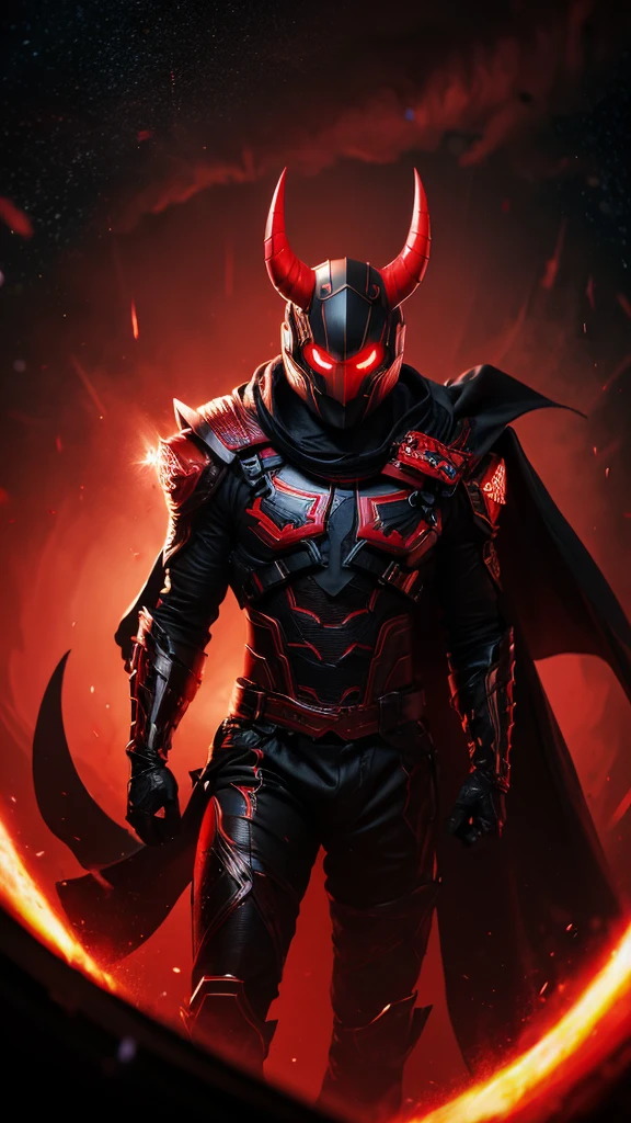 a burly superhero character in a black and red costume with a devil mask,outer space background,highly detailed,photorealistic,8k,best quality,masterpiece,sharp focus,physically-based rendering,ultra-fine painting,vivid colors,dramatic lighting,cinematic composition