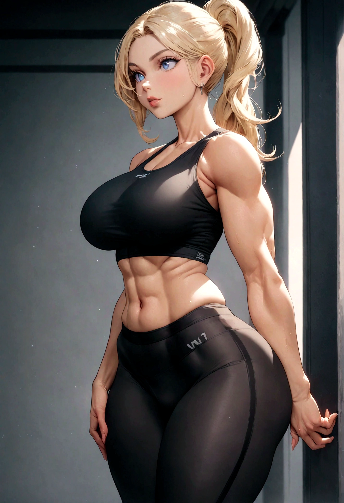 big curvy  fitness blond , blue eyes,wearing yoga pants