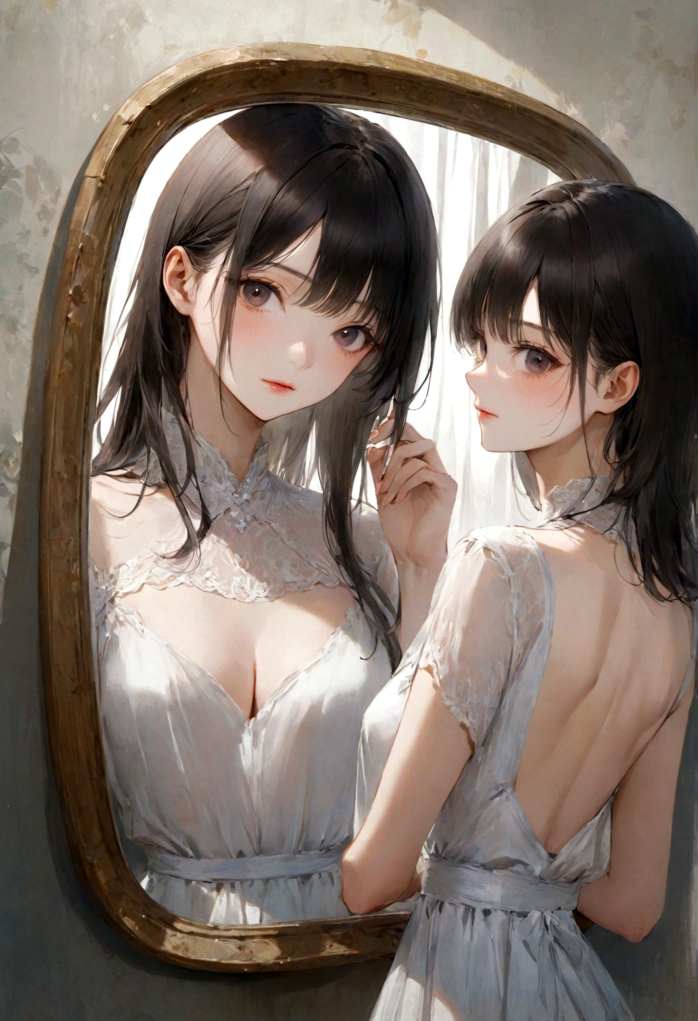 (masterpiece)、(Highest quality:1.1)、(Ultra HD:1.1)、Woman looking in the mirror、Through the mirror、Man looking at you from the mirror