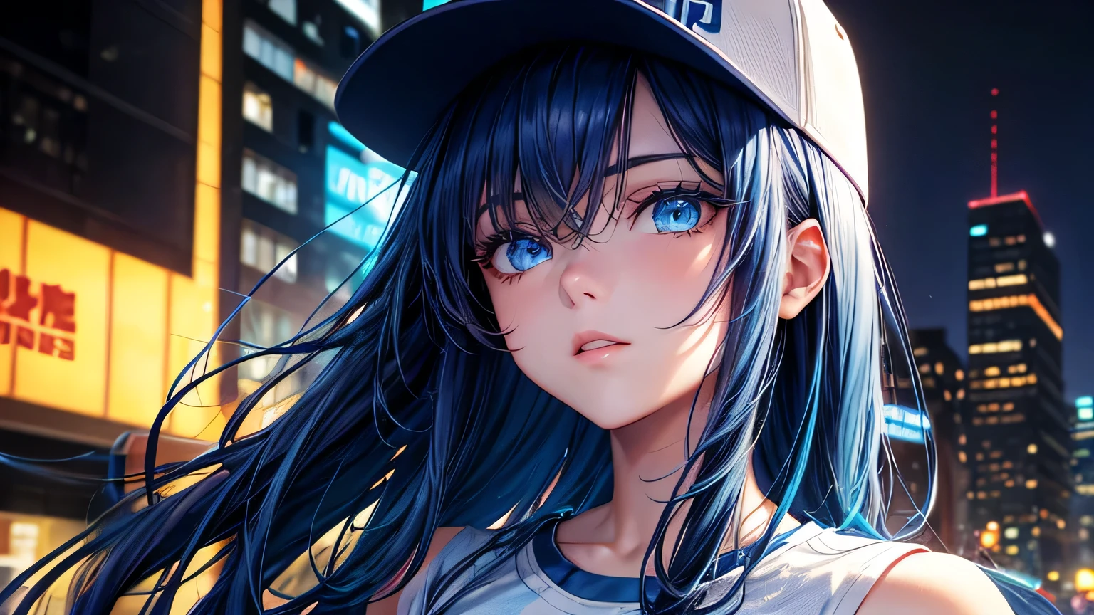 male,Handsome,HIP-HOPstyle,1.3, Beautiful Hair: 1.2,1.2,Background white,1.1, Ultra-high resolution, Accurate, Super detailed, Textured skin, High detail, highest quality, 8k,Thin bangs,Upper Body,Well-drawn eyes, Focus on the face,Baseball cap,Detailed hair depiction,Detailed depiction of eyes、Detailed depiction of hair,City of night,Blue Neon Light,Dark blue hair,Light blue eyes,Emerald Blue Baseball cap,