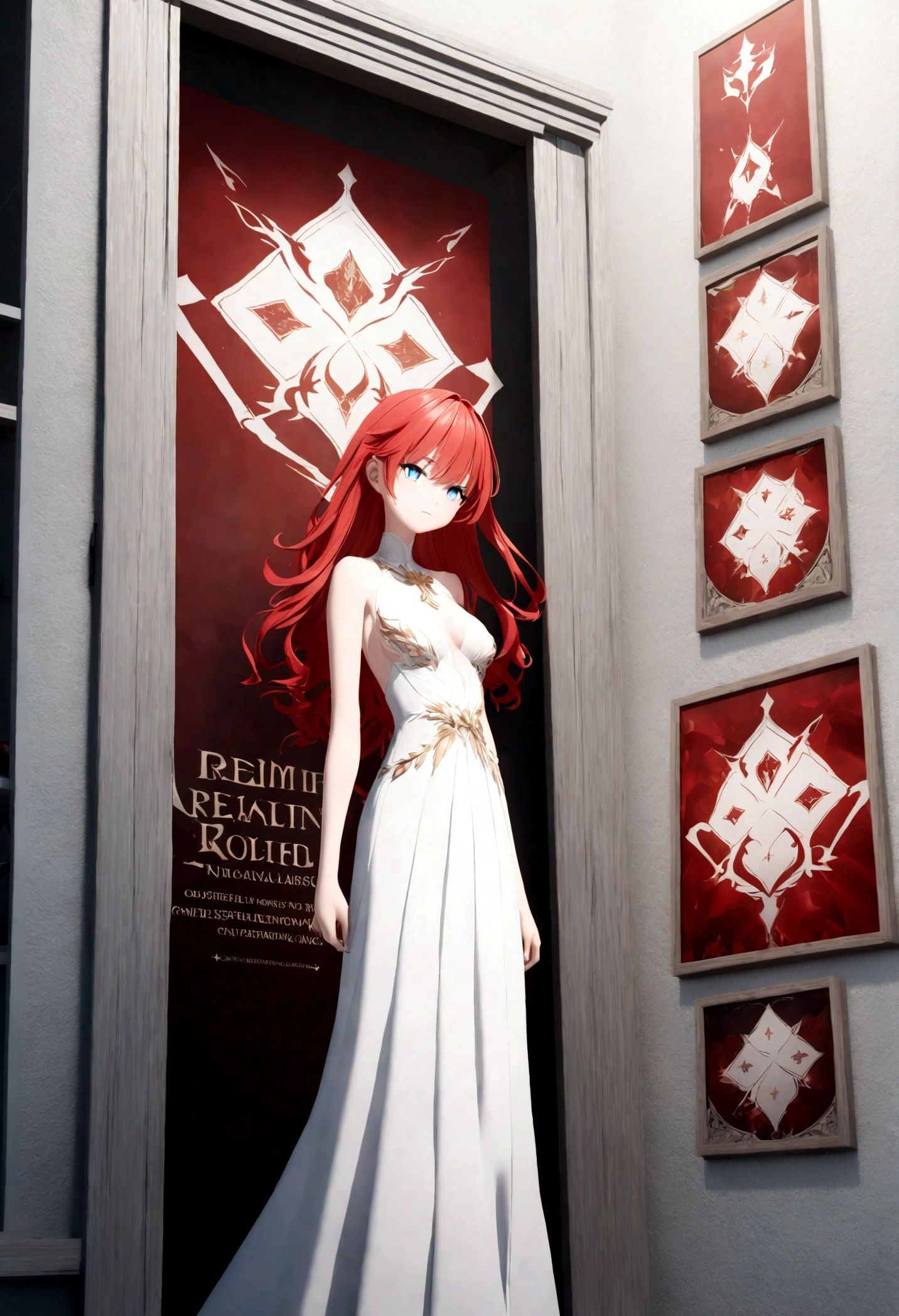 A captivating 3D rendering of a mesmerizing young woman with fiery red hair and piercing blue eyes, gracefully holding a mysterious, faceless mask that reveals half of her enchanting face. A soft, ethereal glow emanates from her right eye, casting a mesmerizing aura. She is adorned in an exquisite white evening gown with golden details, featuring the distinct "Dragonsteel7" emblem and the eye-catching, chrome red "REDRAGON FURY X" logo. This cinematic, anime-inspired image, bursting with vibrant colors and intricate details, serves as a spellbinding poster and illustration for a magical story. The 3D render showcases a powerful and enigmatic figure, designed to captivate the imagination and draw in viewers, anime, typography, 3d render, illustration, 3d render, anime, product, photo, poster, typography, cinematic