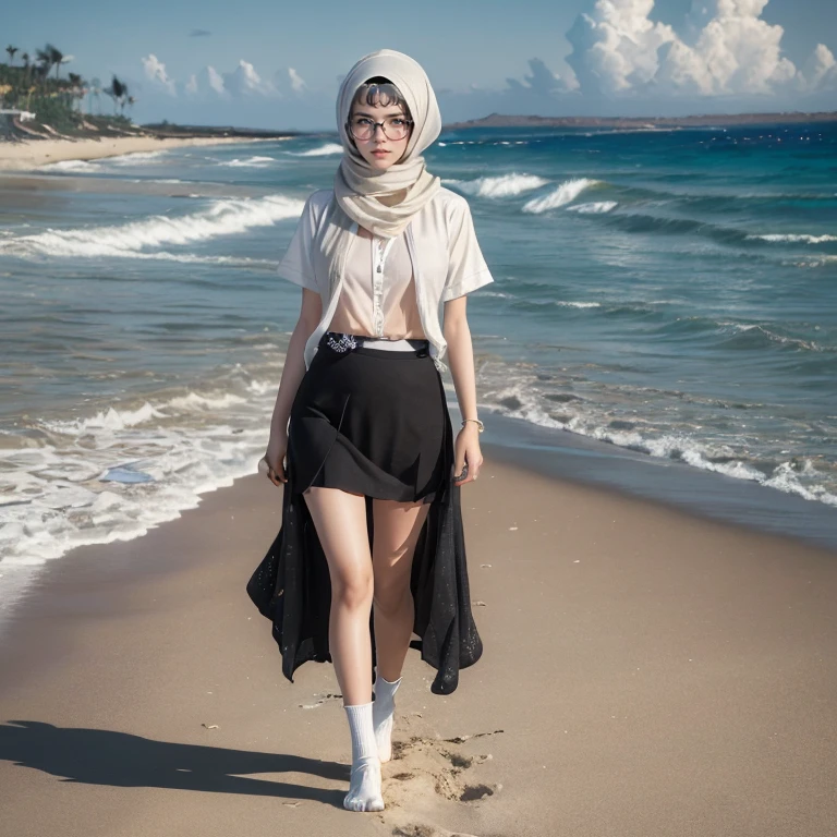 ((masterpiece)), ((best quality)), ((highres)), ((extremely detailed CG unity 8k wallpaper)), solo, hijab, glasses, tachibana kanade, tan , black skirt, white socks, outdoors, face, curtained hair, beach, parted hair, silver hair