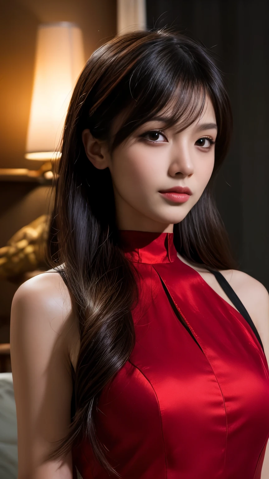 1 Beautiful demon woman from hell, In the Dark: 1.6), デイヴィッド・ホックニーとアルフォンス・ミュシャによるシュールな女性のPortraiture, Fantasy art, Korean Doll, Photorealism, Dynamic Lighting, Art Station, Poster, Volumetric lighting, Highly detailed face, 8K Ultra, Awards, In the Dark, Deep Shadow, Modest, Cowboy Lens, (Red Phoenix Dress: 1.4), Long Hair, Black Hair, bust, Luxury Palace, Royal Style, Devil's Crown, The red eye makeup is very sharp and detailed, The most beautiful face, Large and normal breasts, Ultra-realistic, chinese women's clothing, Polo neck sweater, Cute Smile, The eyes are nicely made up, Gweitz, demons style, Wearing black mesh socks, Ponytail with ribbon tied at the back, Red-black lips, devil tattoo on shoulder, Dressed in a light red and black robe, The view is cloudy with thunder., (Portraiture), Close-up of the main character, (Background details 1.8),