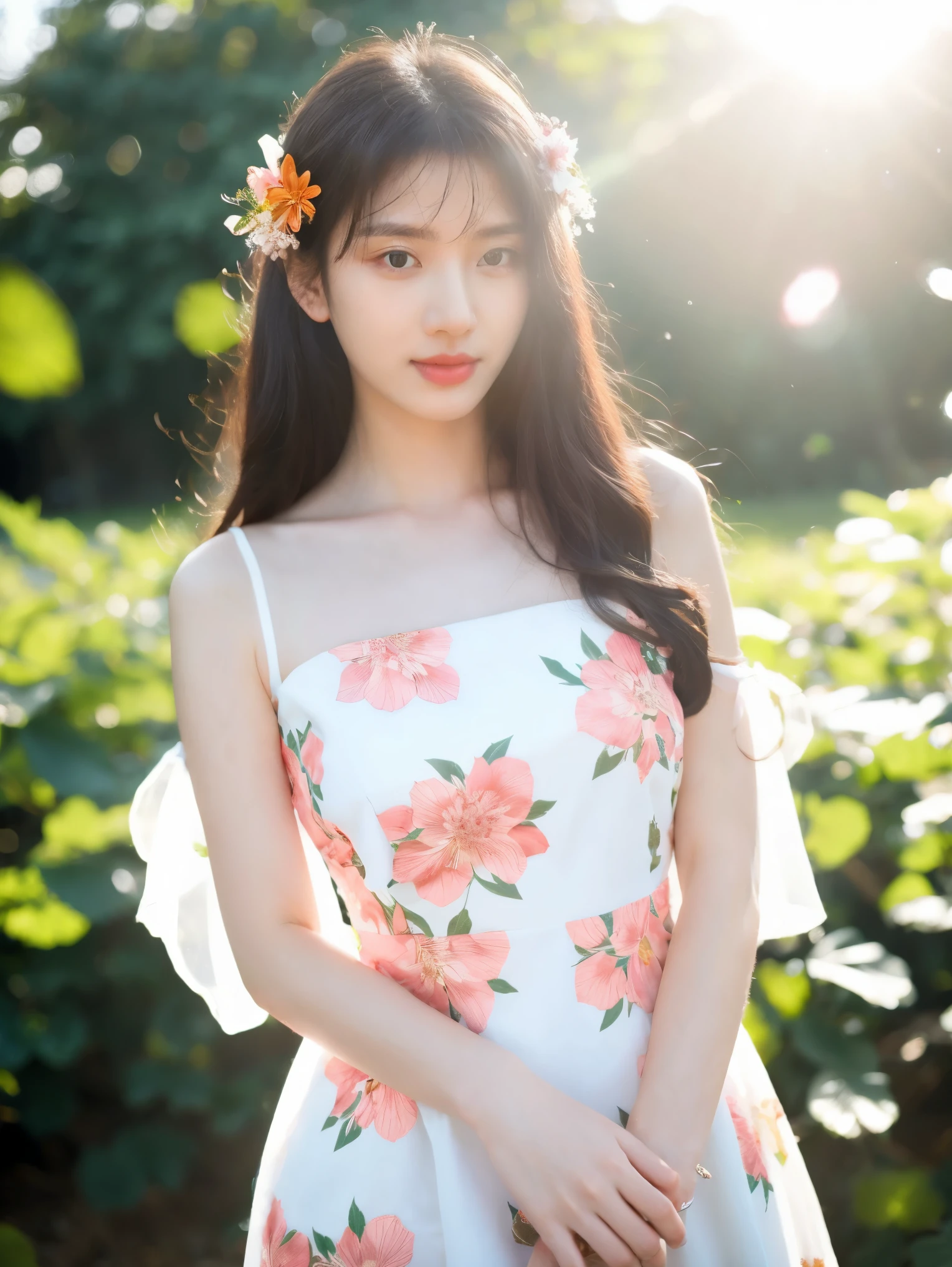hubggirl, solo, flower, long hair, black hair, hair ornament, hair flower, blue eyes, floral print, chinese clothes, looking at viewer, detached sleeves, upper body, white flower, parted lips, dress, pink flower, china dress, bare shoulders, blush, red flower, eyelashes, white dress, lips, sleeveless, parted bangs, glowing,lens flare,big leaf,plant, wind, cute girl,blurry background