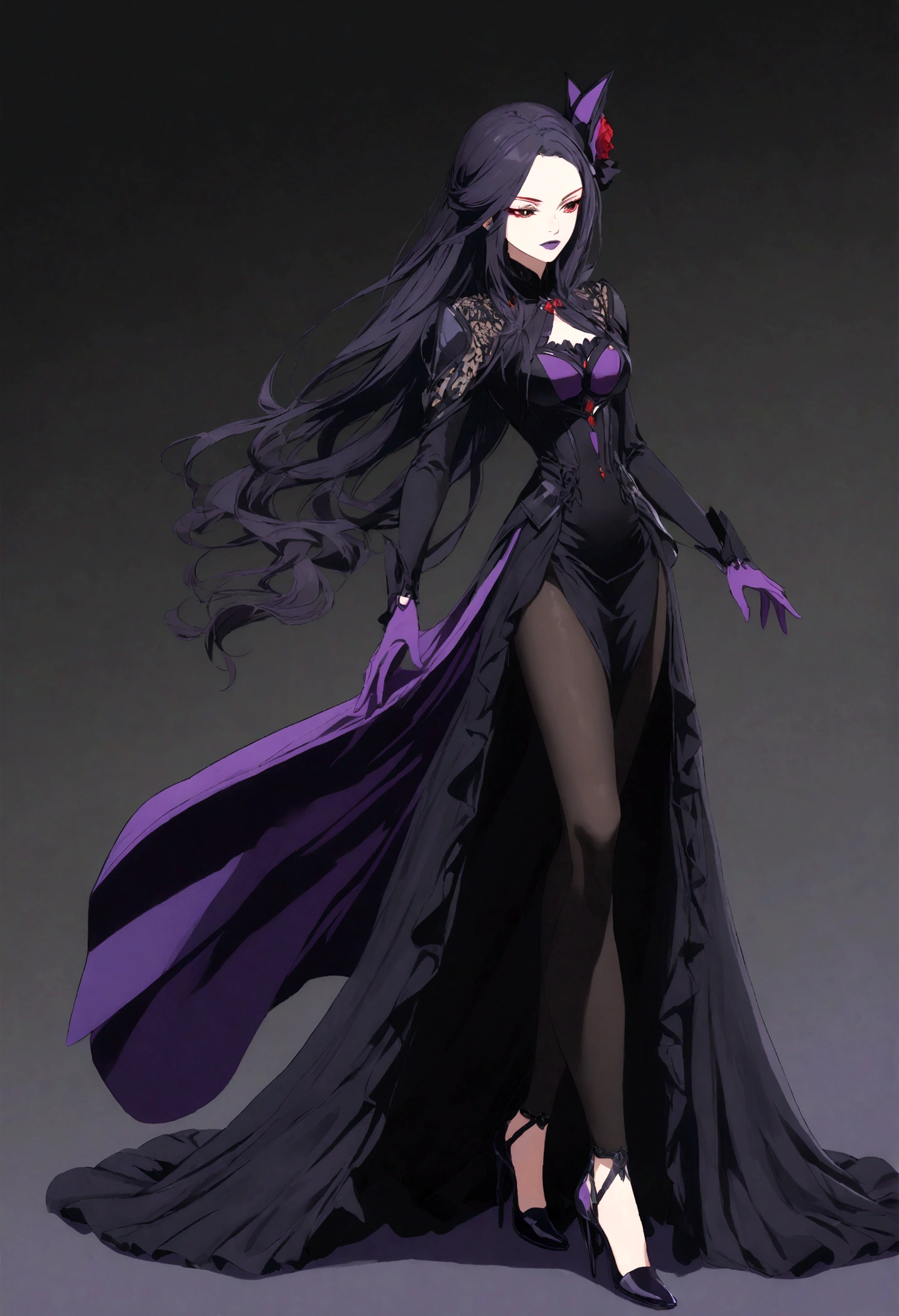 Royal sister,Black long hair,Red Eyeshadow,Purple lipstick,Black tight skirt,High heel,Background is dark