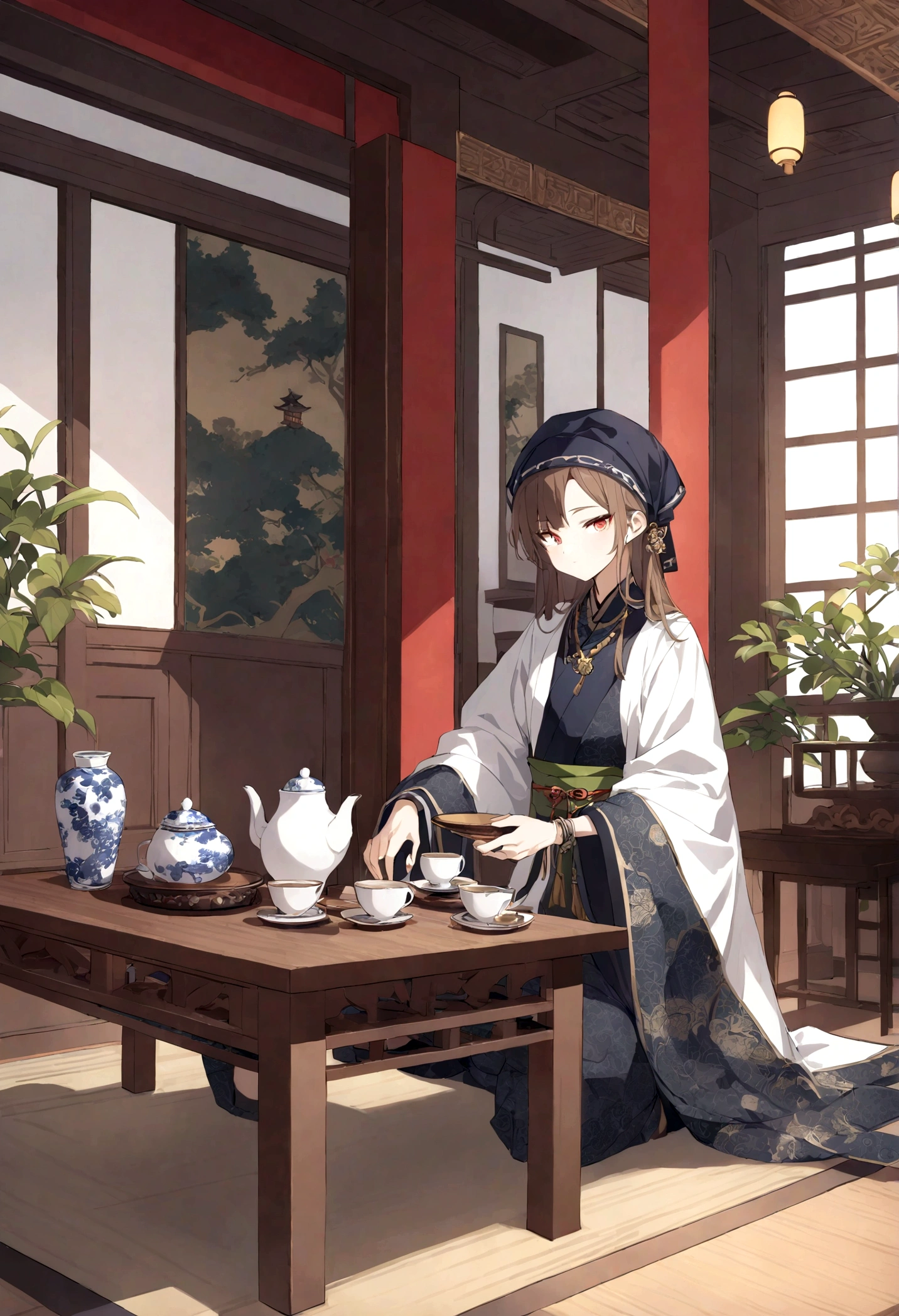 Zhuang costumes,Middle-aged male rich man,Dark blue headscarf,Gold embroidered edges,Dark green silk robe,Black brocade wide-leg pants with delicate Zhuang traditional patterns Polished black boots Chunky gold necklace,Carved silver bracelet with gemstone and gold ring, traditional Zhuang ethnic wooden mansion with carved wooden chair in the background,On the tea table are blue and white porcelain tea sets and a mahogany folding fan.,Exquisite details and sharp eyes,Calm expression and authoritative temperament,The Zhuang Drum Tower and Fengyu Bridge interior decoration in the background:Zhuang Brocade Tapestry,Copper incense burner natural light,Warm tones