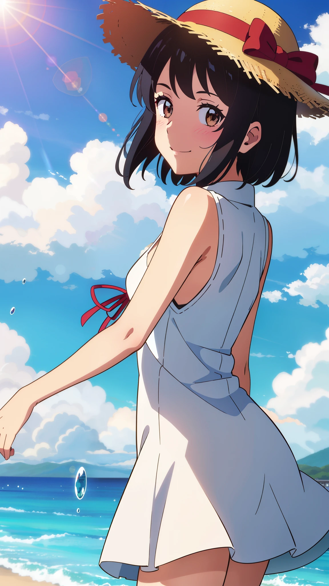 shinkai makoto, kimi no na wa., 1girl, bangs, black hair, blush, brown eyes, shiny skin, red headband, white dress shirts, straw hat, short hair, smile, cute, solo, looking at viewer, happy, summer beach, cloudy, blue sky, sunlight, lens_flare, bright, Splash, super detail