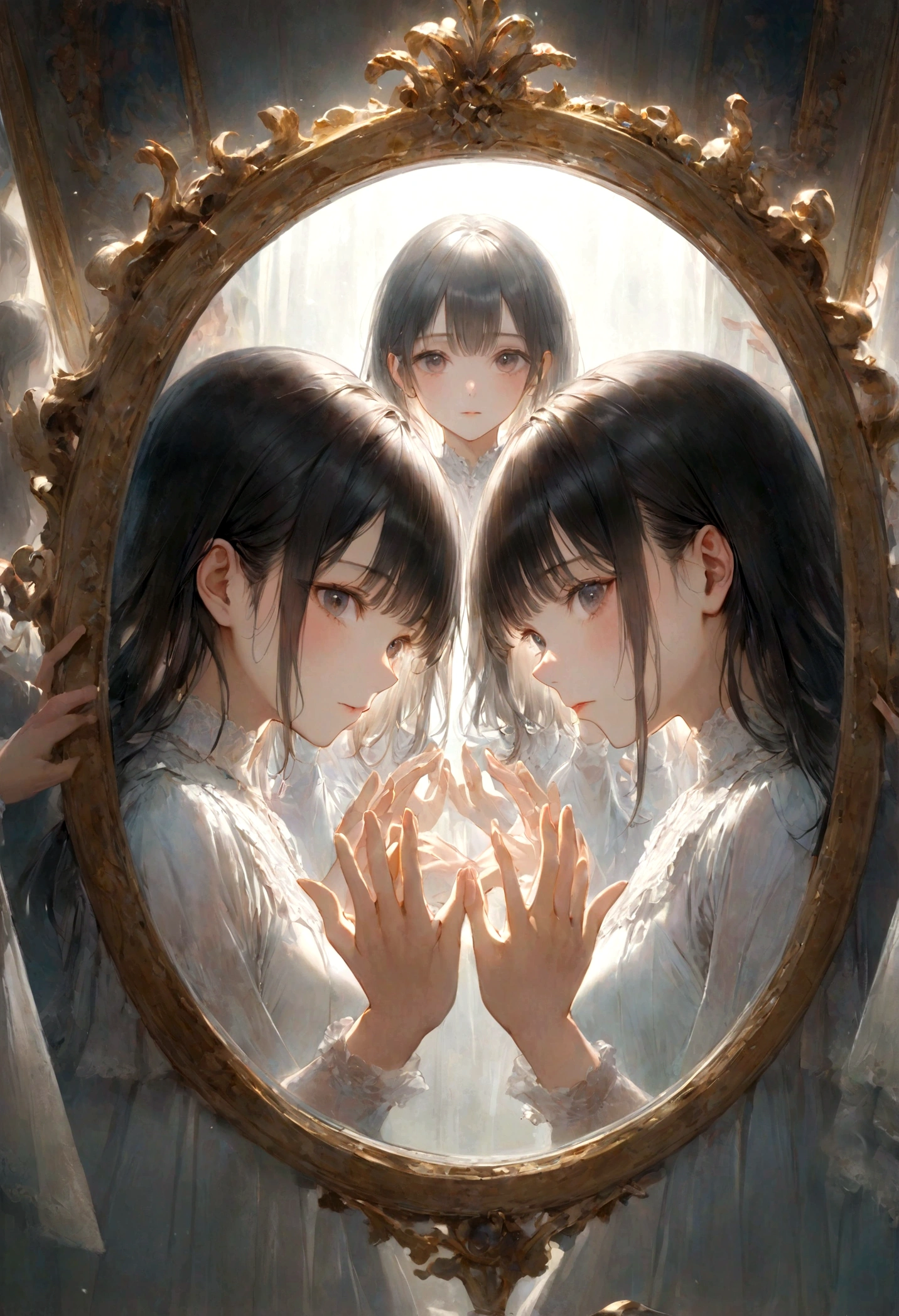 (masterpiece)、(Highest quality:1.1)、(Ultra HD:1.1)、Woman looking in the mirror、Through the mirror、Man looking at you from the mirror、They are looking at each other and holding out their hands、