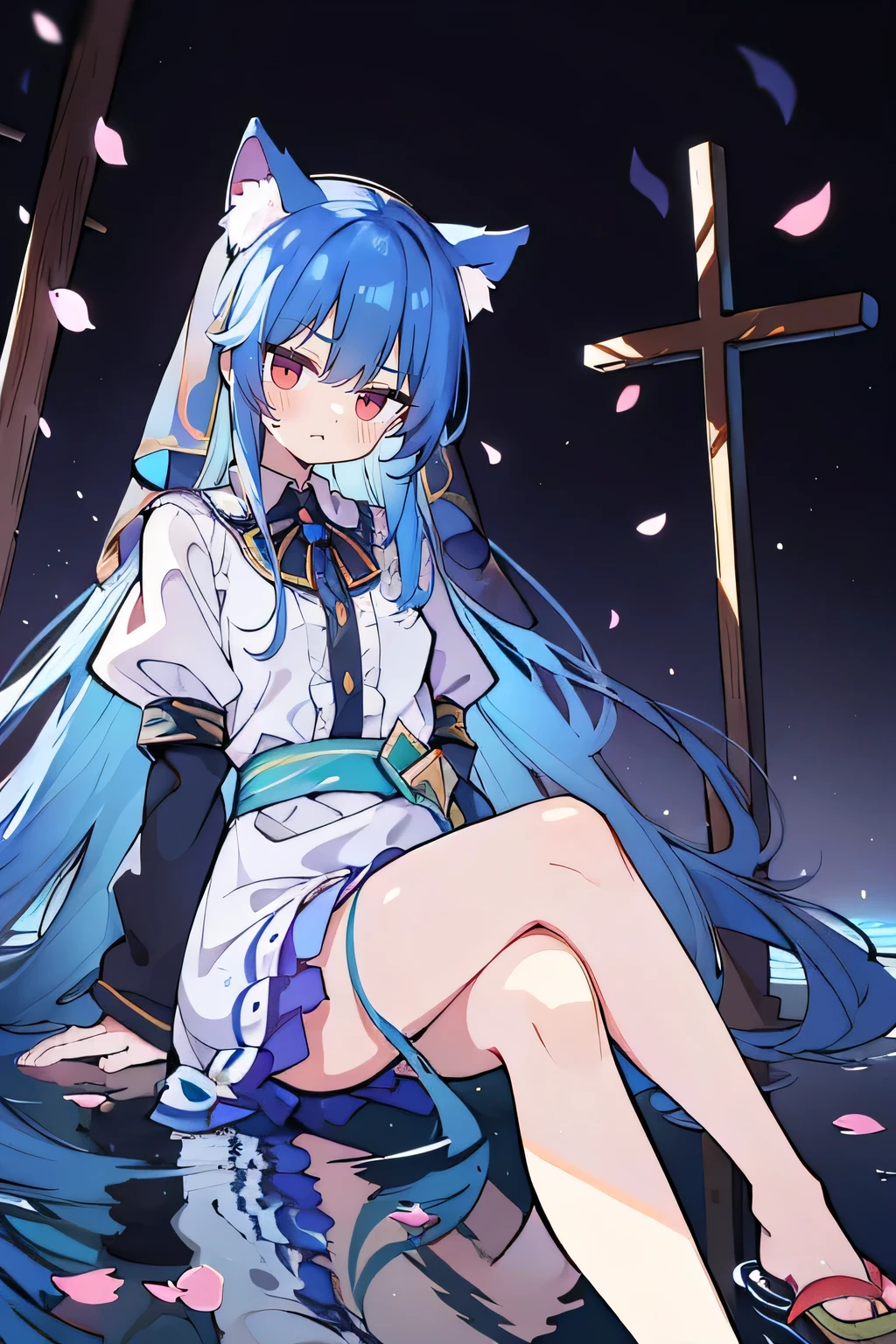 (masterpiece:1.2),Extremely detailed,Practical,expressive eyes,Fair skin,Perfect face shaping,1 Girl,
Japanese cartoons,Gorgeous blue hair, the long flowing blue hair,Floating clothes,Cat ears,Petals fall,beautiful lola,Young Angel,
Place your hands on your waist,sit elegantly on the ground,Cross your legs,Gentle and peaceful background,stately church,nun,lie on the water,Blackening,A look of disdain.