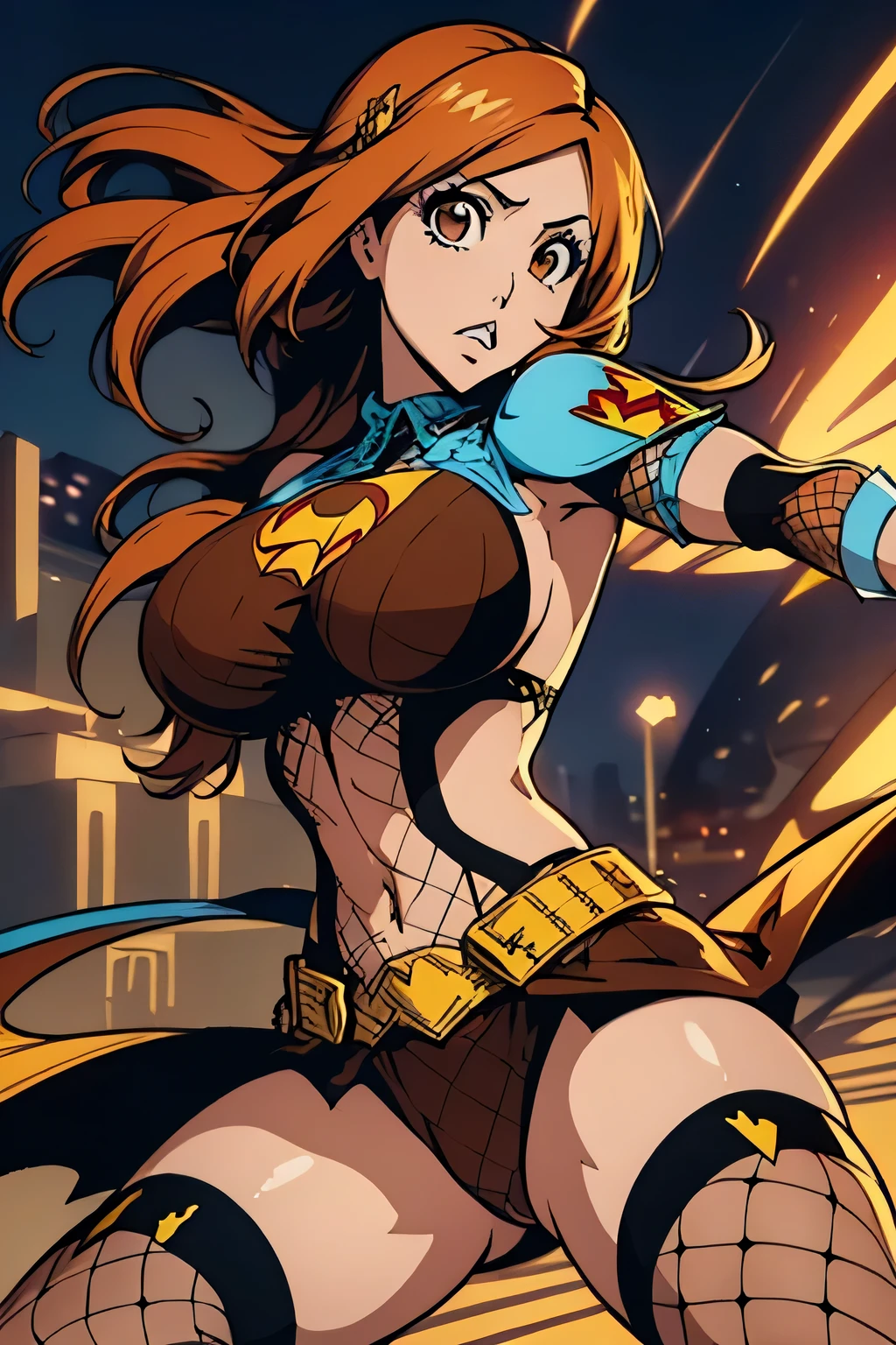 1 woman, long hair, large breasts, ((detailed eyes:1.2, brown eyes)), ((superhero outfit, fishnets, underboob)), nsfw, sexy, sensual, masterpiece, top quality, best quality, official art, beautiful and aesthetic:1.2), extreme detailed, colorful, highest detailed