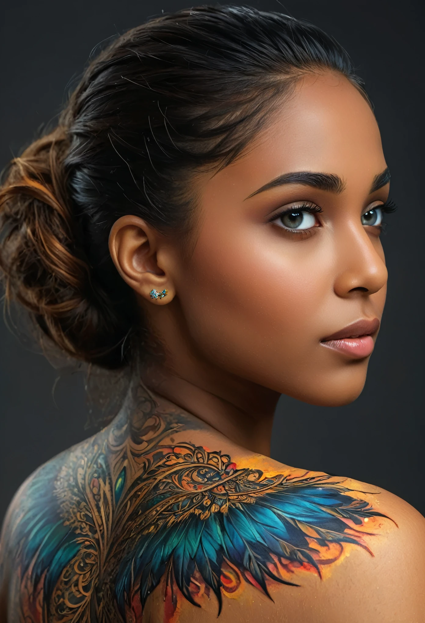 (best quality,4k,8k,highres,masterpiece:1.2),ultra-detailed,(Ultra-realistic, photorealistic,photo-realistic:1.37), from back, a beautiful young Arabian girl with a complex and colorful phenix tattoo on her back, 18yo, Amazing beauty, hg nose, beautiful blue eyes, intricate detailed fractal tattoo, realistic detailed colorful tattoo, highly detailed body art, delicate female portrait, flawless skin, dark skin, piercing eyes, elegant facial features, flowing hair, dynamic pose, dramatic shadows, vibrant colors, fantasy art, digital painting, concept art, hyper realistic, 8k, best quality, her back to the viewer, delicate fractal tattoo on her bare back, professional photography, high quality, detailed, photorealistic, soft natural lighting, warm color palette, serene atmosphere, intricate tattoo details, graceful pose,