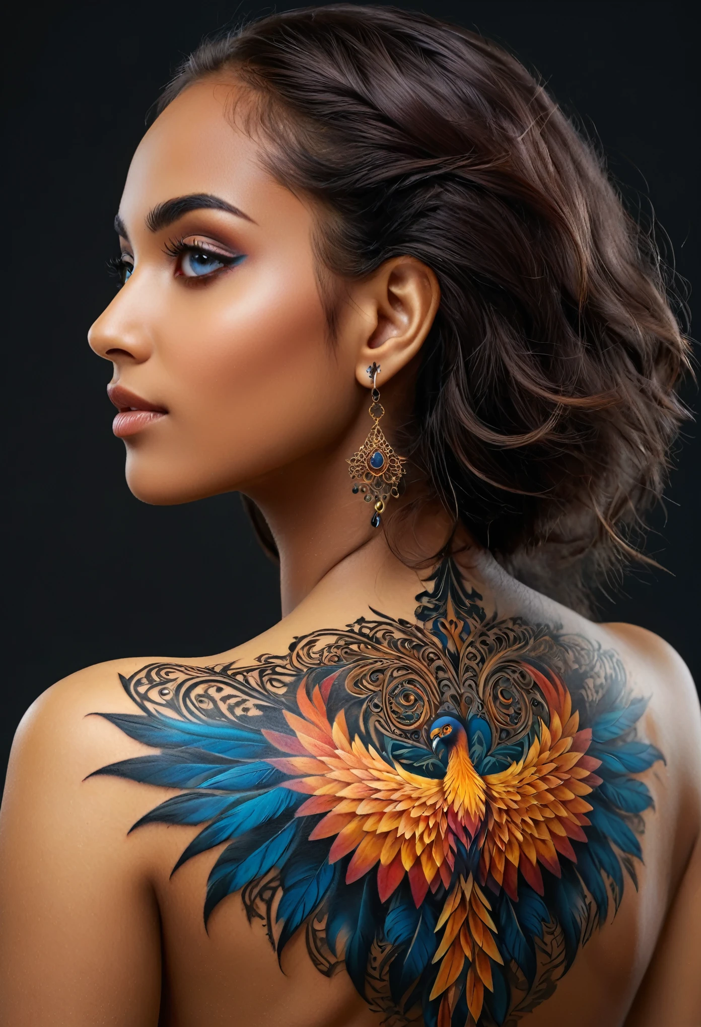 (best quality,4k,8k,highres,masterpiece:1.2),ultra-detailed,(Ultra-realistic, photorealistic,photo-realistic:1.37), from back, a beautiful young Arabian girl with a complex and colorful phenix tattoo on her back, 18yo, Amazing beauty, hg nose, beautiful blue eyes, intricate detailed fractal tattoo, realistic detailed colorful tattoo, highly detailed body art, delicate female portrait, flawless skin, dark skin, piercing eyes, elegant facial features, flowing hair, dynamic pose, dramatic shadows, vibrant colors, fantasy art, digital painting, concept art, hyper realistic, 8k, best quality, her back to the viewer, delicate fractal tattoo on her bare back, professional photography, high quality, detailed, photorealistic, soft natural lighting, warm color palette, serene atmosphere, intricate tattoo details, graceful pose,