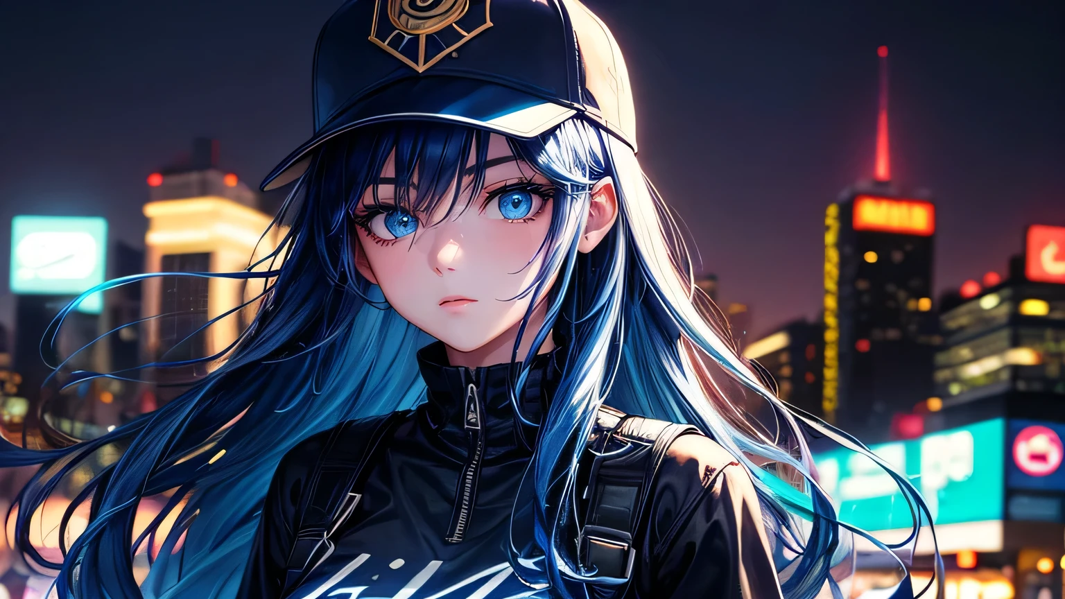 beautiful girl,HIP-HOPstyle,1.3, Beautiful Hair: 1.2,1.2,City of night1.1, Ultra-high resolution, Accurate, Super detailed, Textured skin, High detail, highest quality, 8k,Detailed hair depiction,Upper Body,Well-drawn eyes, Focus on the face,Baseball cap,Detailed hair depiction,Detailed depiction of eyes、Detailed depiction of hair,City of night,Blue Neon Light,Dark blue hair,Light blue eyes,Dark blue baseball cap,Overall blue light,