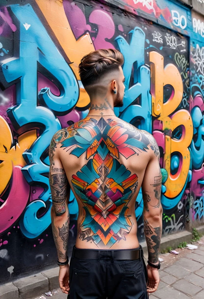 Back Tattoo, In front of the graffiti wall, an artist displays a colorful graffiti tattoo on his back, each pattern telling an independent story, reflecting his pursuit of free expression, (masterpiece, best quality, Professional, perfect composition, very aesthetic, absurdres, ultra-detailed, intricate details:1.3)