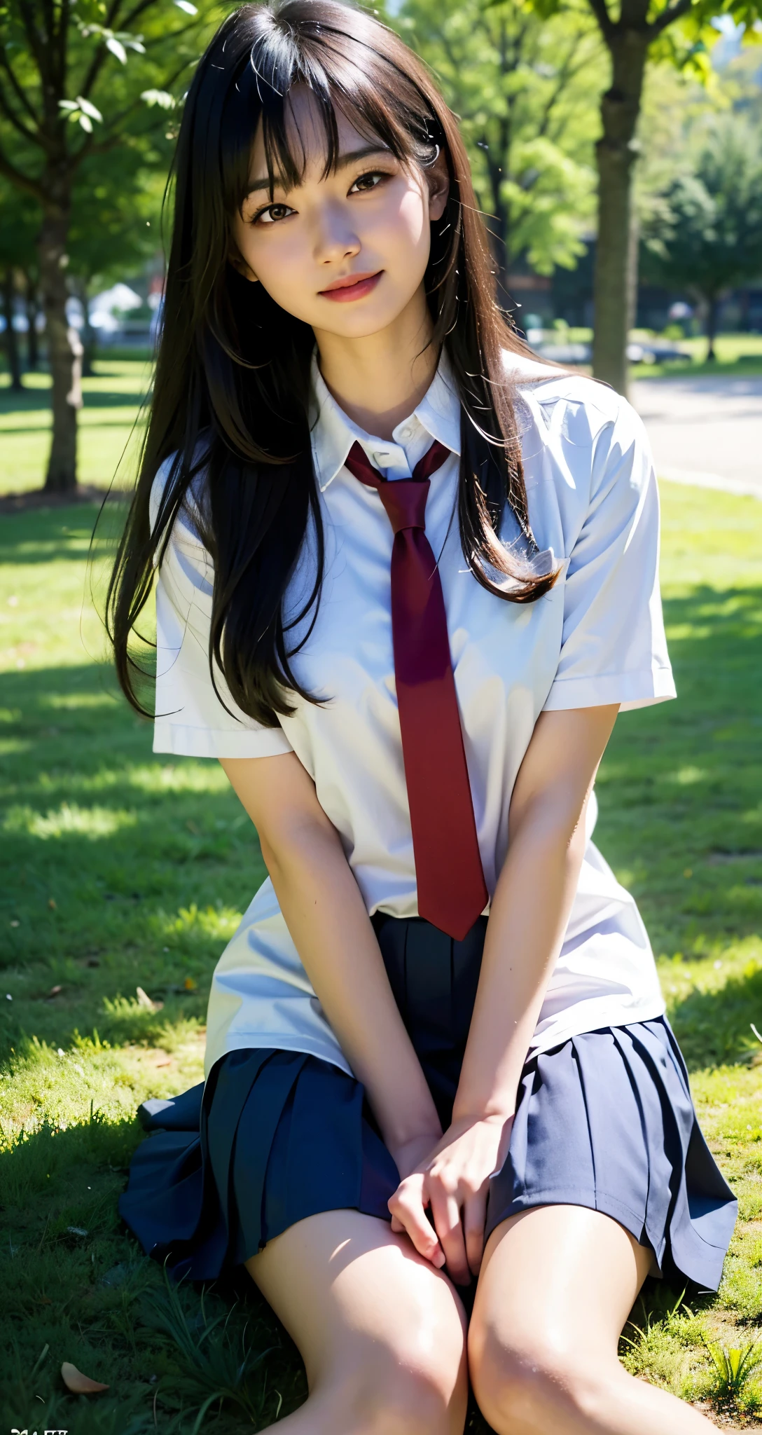 ((top-quality、masterpiece)), Raw photography, 8K, top-quality, ultra high resolution, Beautiful face in every detail, Realistic human skin, Gentle expression, front-facing view, Farbe々From an angle, realisitic, Photorealsitic, Beautie, length hair, a short skirt, Beautiful schoolgirl, Japan wearing uniform, Surreal High School Girl, (wrist watch), neck tie, smil, a park, blue-sky, lawn,