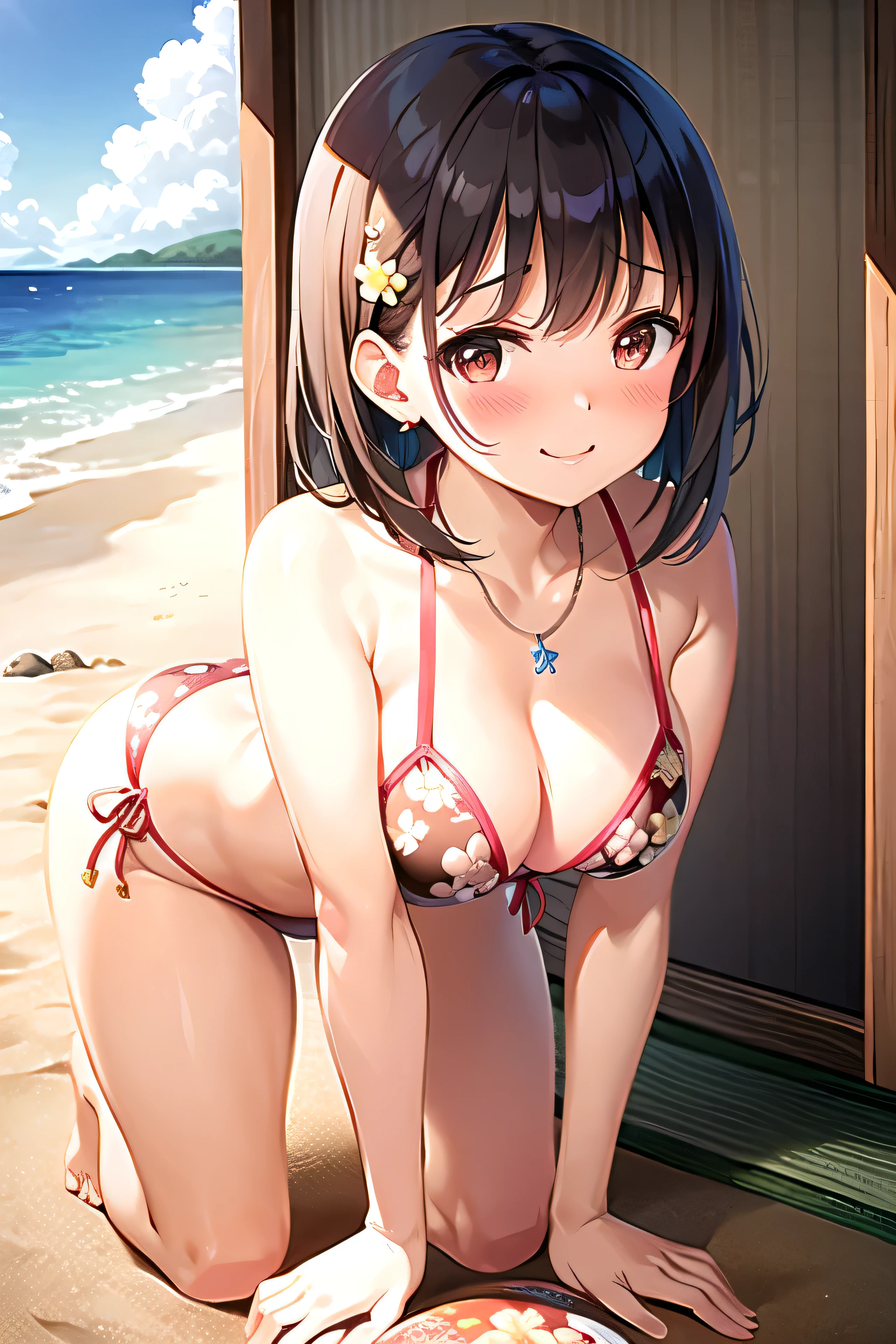 Cute Japanese Woman、An illustration、Fair skin、Brown Hair、Bob、E Cup、((Floral Bikini))、(String)、Earrings、necklace、smile、(((blush)))、Stick your butt out、(Shoot in the back)、On all fours、Hawaiian Beach