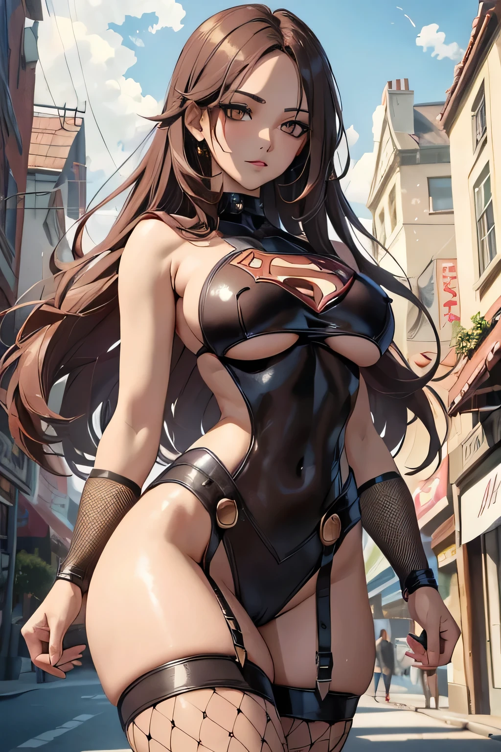 1 woman, long hair, large breasts, ((detailed eyes:1.2, brown eyes)), ((superhero outfit, fishnets, underboob)), nsfw, sexy, sensual, masterpiece, top quality, best quality, official art, beautiful and aesthetic:1.2), extreme detailed, colorful, highest detailed