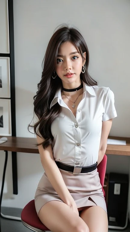 (High resolution 8K, Masterpiece, Only the best quality complicated details Chromatic aberration) realistic ((small breasts)) hair in one eye, purple eyes, big round hoop earrings, sharp eyes, Diamond choker, red gemstone, necklace, (symmetrical eyes), (Perfect symmetrical body), (Photos of beautiful girls, 21 years old), beautiful and charming with contemporary fashion drawings in the eyes of the viewer, ((Behind the large classroom) ), (black short skirt), (((tired ((white short sleeve shirt), ( Open the shirt and show off the small breasts.,Soft milk), no bra)), (open chest),)), ((black short pencil skirt )), (Long square leather belt), belly chain, ((Put your hands down)), (light brown bob, Chic, long brown hair, long blonde hair, cute hairstyle, (There is some hair covering the face...)), sharp eyeliner, eyes, eyelid, Blush with thick eyelashes Very delicate and beautiful. round chin. Sharp focus. elegant. (Open your legs to reveal your panties... In the middle of the study table.) (Open your legs by opening your legs....) (Open your legs and lift your right leg up.... your left leg (natural release) It's an attractive example.. Picture taken from the knee