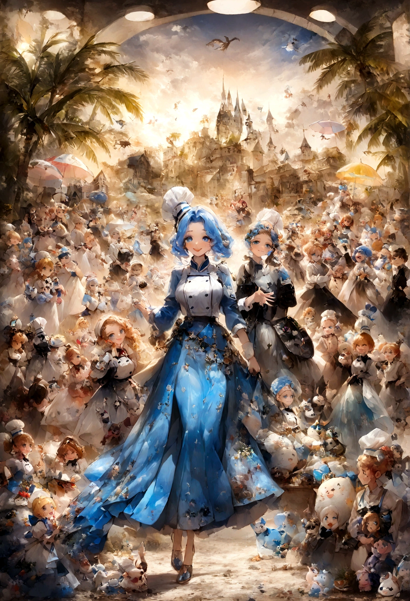 with high definition images,belle cow-girl(chef-d'artwork、la plus haute qualité:1.2)、Beach themed images、Seulement、Une femme、Marianne von Edmond、Sourire captivant、Regardez directement votre audience、Robe bleue avec capele、very detailed、Caractéristiques du visage finement travaillées、texture de peau réaliste、yeux expressifs、chaleureux et invitant、rustique, sunny landscape、Le mélange parfait d'élégance et de charme robuste de profil