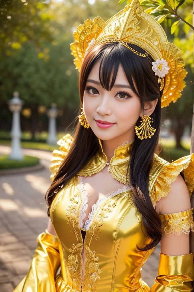 nsfw, sexy golden Thai princess, only 1 female, ((doll-like appearance)), short fuchsia stylish hair, ((shiny Victorian-Style boots)), (big smile), ultra detailed eyes, vivid golden eye makeup, lipgloss, long lashes, defined eyebrows, ((sexy golden Paradise Kiss cosplay)), bell-shaped skirt, petticoats, high neckline, puffed sleeves, ((ultra detailed golden lace)), ((ultra detailed golden embroidery)), intricate details, golden Paradise Kiss accessoires and matching golden headpiece, golden choker, ((large sparkling golden Paradise Kiss jewelry)), cinematic light, detailed large park background with trees