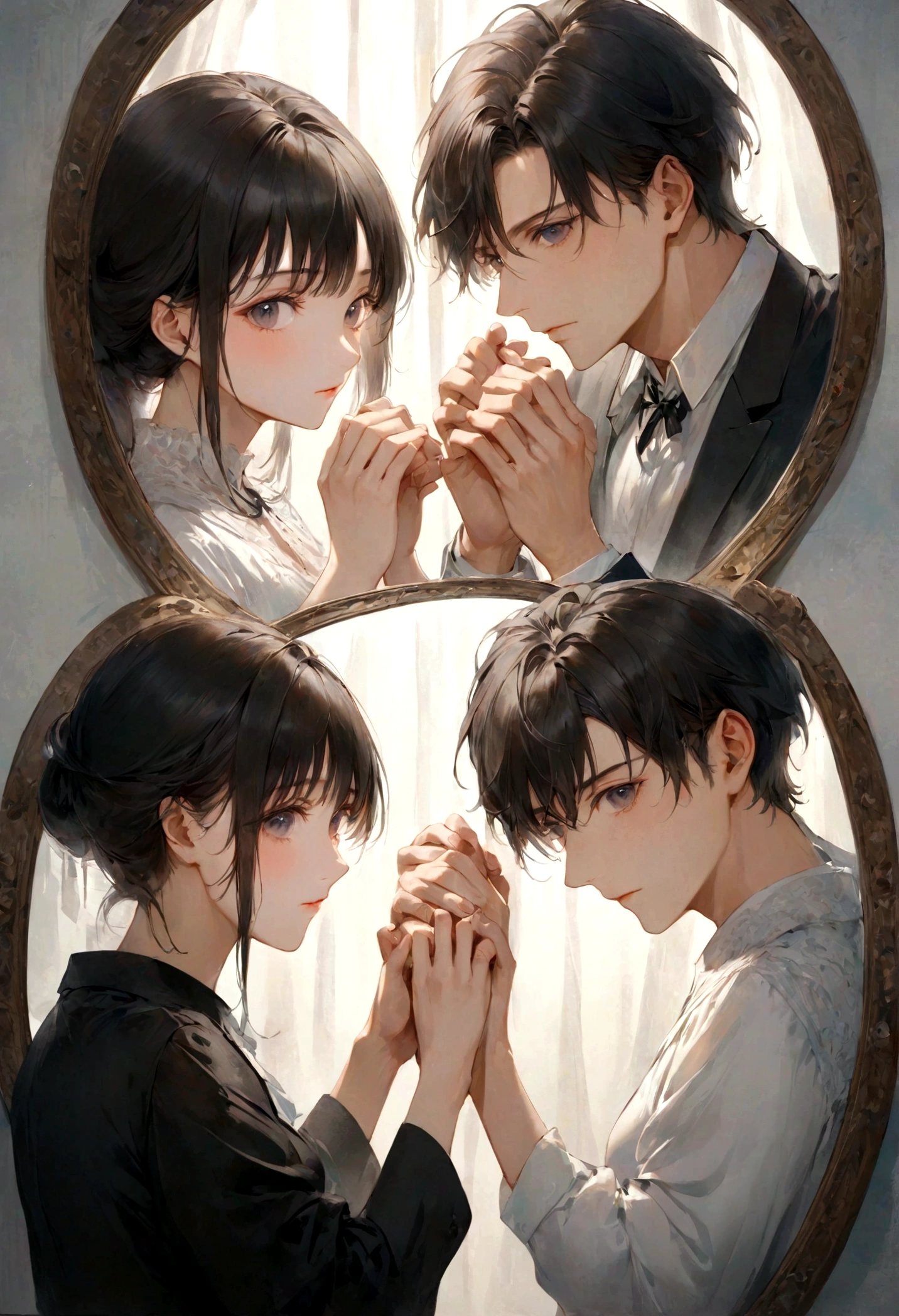 (masterpiece)、(Highest quality:1.1)、(Ultra HD:1.1)、Woman looking in the mirror、Man and woman looking at each other in the mirror、Man looking at you from the mirror、They are looking at each other and holding out their hands、