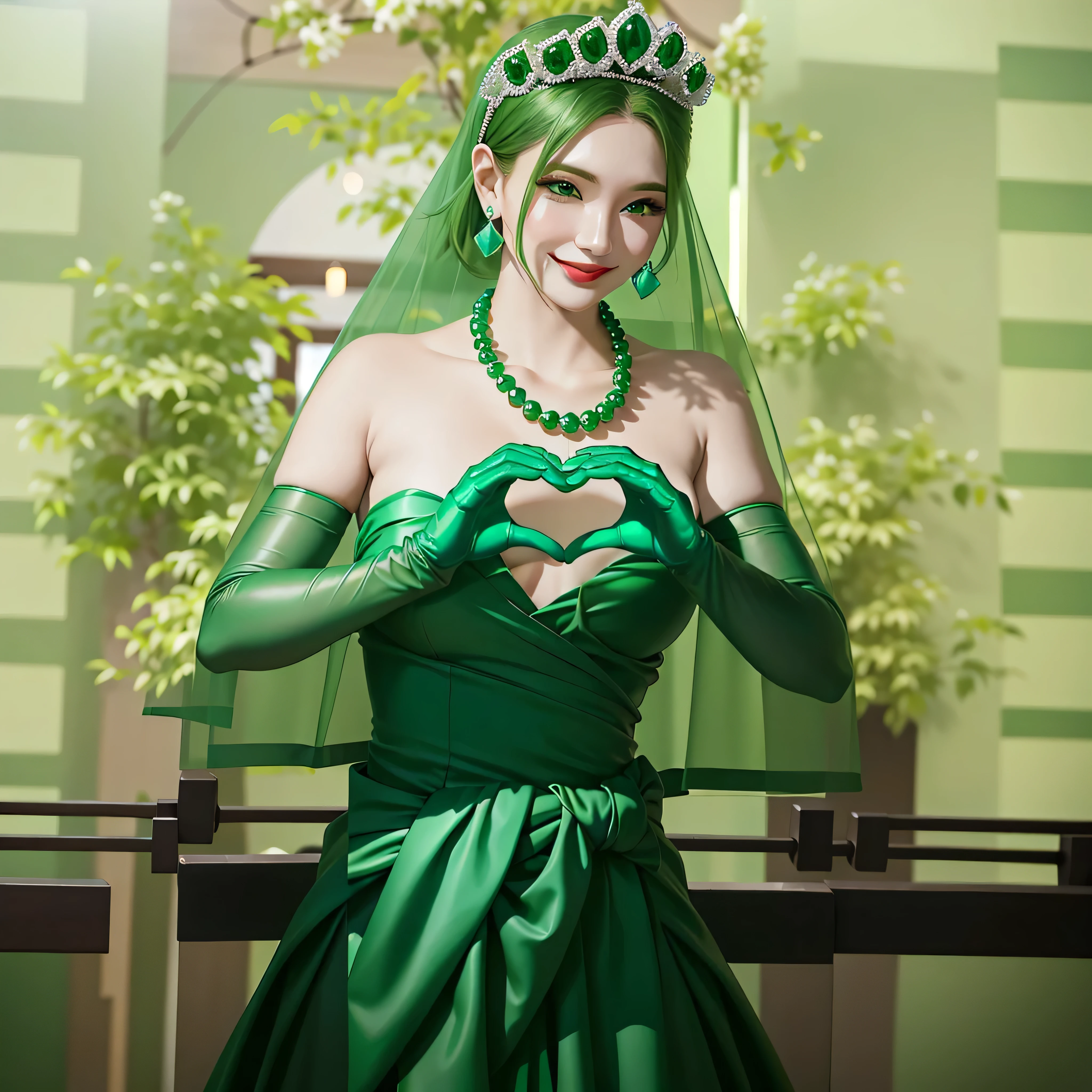 Emerald tiara, Green Pearl Necklace, Boyish very short green hair, Green Lips, Smiling Japanese woman, Very short hair, Busty beautiful lady, Green Eyes, Green satin long gloves, Green Eyes, Emerald Earrings, Green Veil, Heart with both hands, Green Hair, Beautiful Japanese Woman, Heart shaped hands:1.3, green lip gloss