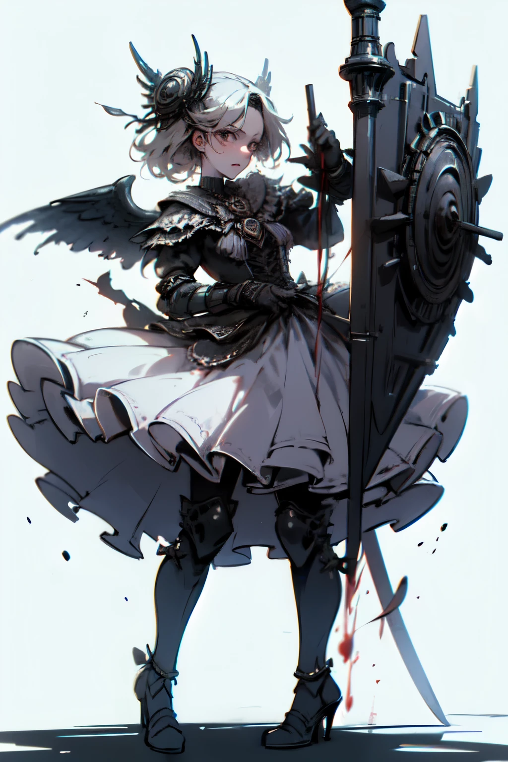 ((best quality)), ((masterpiece)), (detailed), perfect face ((best quality)), ((masterpiece)), (detailed), blank white background, plain background, white background, Bloodborne inspired, occult aesthetic, occult, detailed and intricate steampunk and detailed gothic, (zentangle, mandala, tangle, entangle), NSFW, torn clothing, Very dramatic and cinematic lighting, cosmic horror, grim-dark, side-lighting, perfect face, a beautiful goddess adorned and enshrined in armour, Bloodborne inspired , occult aesthetic , occult , detailed and intricate steampunk and detailed gothic , wielding a sword and holding a shield, NSFW, Fluttering lace flared short dress with frilly petticoats, knee length dress, pleated petticoats, ta dress, petticoats gothic loliside-lighting, gothic lolita aetic, beautiful small breasts, small breasts, full body, whole body, body, plain background, white background, blank background, no background, white background NSFW, full body, whole body, head-to-toe