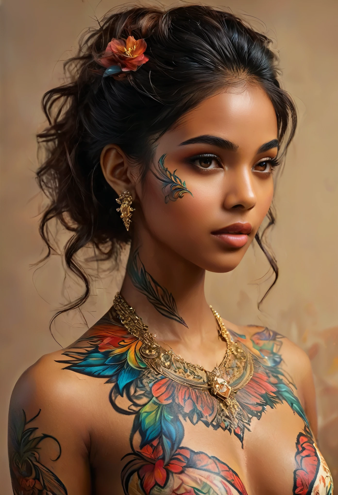 (best quality,4k,8k,highres,masterpiece:1.2),ultra-detailed,(Ultra-realistic, photorealistic,photo-realistic:1.37), from back, a beautiful young Arabian girl with a complex and colorful phenix tattoo on her back, 18yo, Amazing beauty, intricate detailed fractal tattoo, realistic detailed colorful tattoo, highly detailed body art, delicate female portrait, flawless skin, dark skin, piercing eyes, elegant facial features, flowing hair, dynamic pose, dramatic shadows, vibrant colors, fantasy art, digital painting, concept art, hyper realistic, 8k, best quality, her back to the viewer, delicate fractal tattoo on her bare back, professional photography, high quality, detailed, photorealistic, soft natural lighting, warm color palette, serene atmosphere, intricate tattoo details, graceful pose,