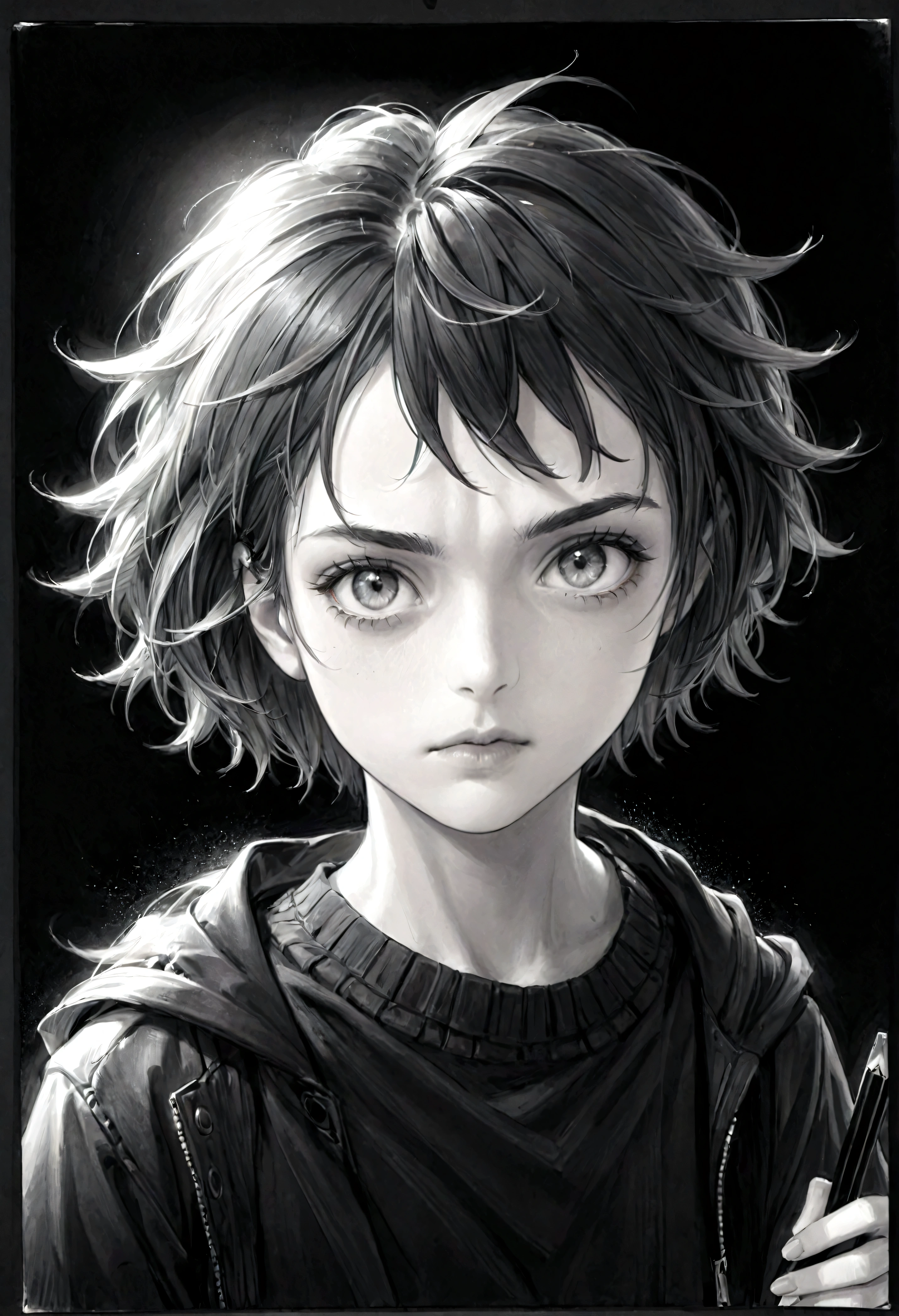 (High resolution,Practical) Short hair handsome tomboy girl, rugged, Moderate: pencil drawing, Detailed facial features, Determine the expression, Dark background
