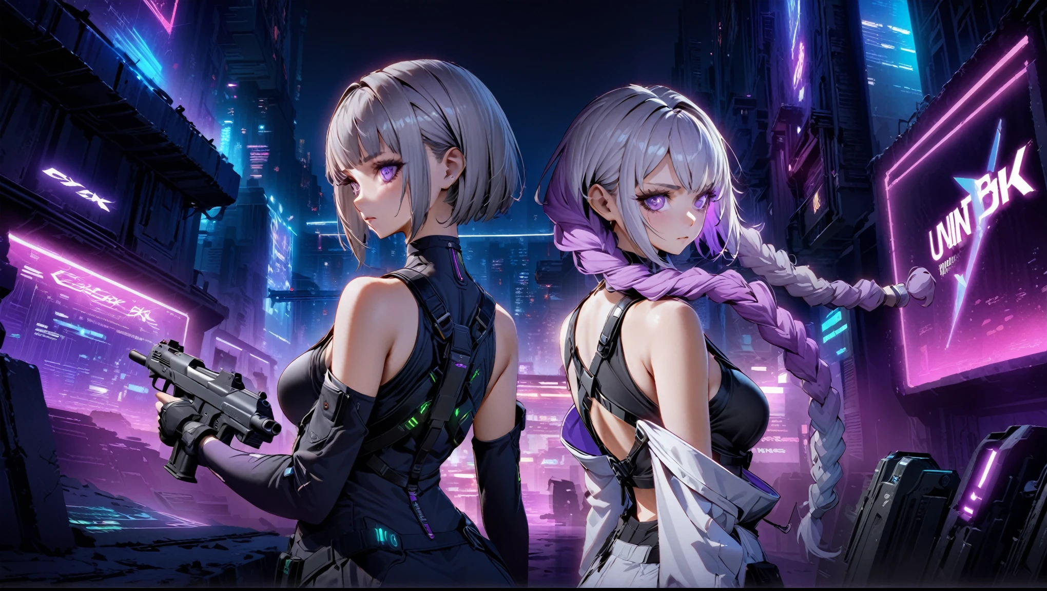 (((Official Art, Unity 8k wallpaper, super detailed, beautiful, beautiful, masterpiece, best quality))), 2 girls, fighting stance, (One of the girls had Short silver hair, black top, Neon Art, cyber punk, arms, Pistol, Rocket Launcher, missile), (The other girl had long purple and white gradation double ponytail twists, bare shoulders, white corset,)，(purple and white gradation color hair:1.1), background is a cyberpunk city