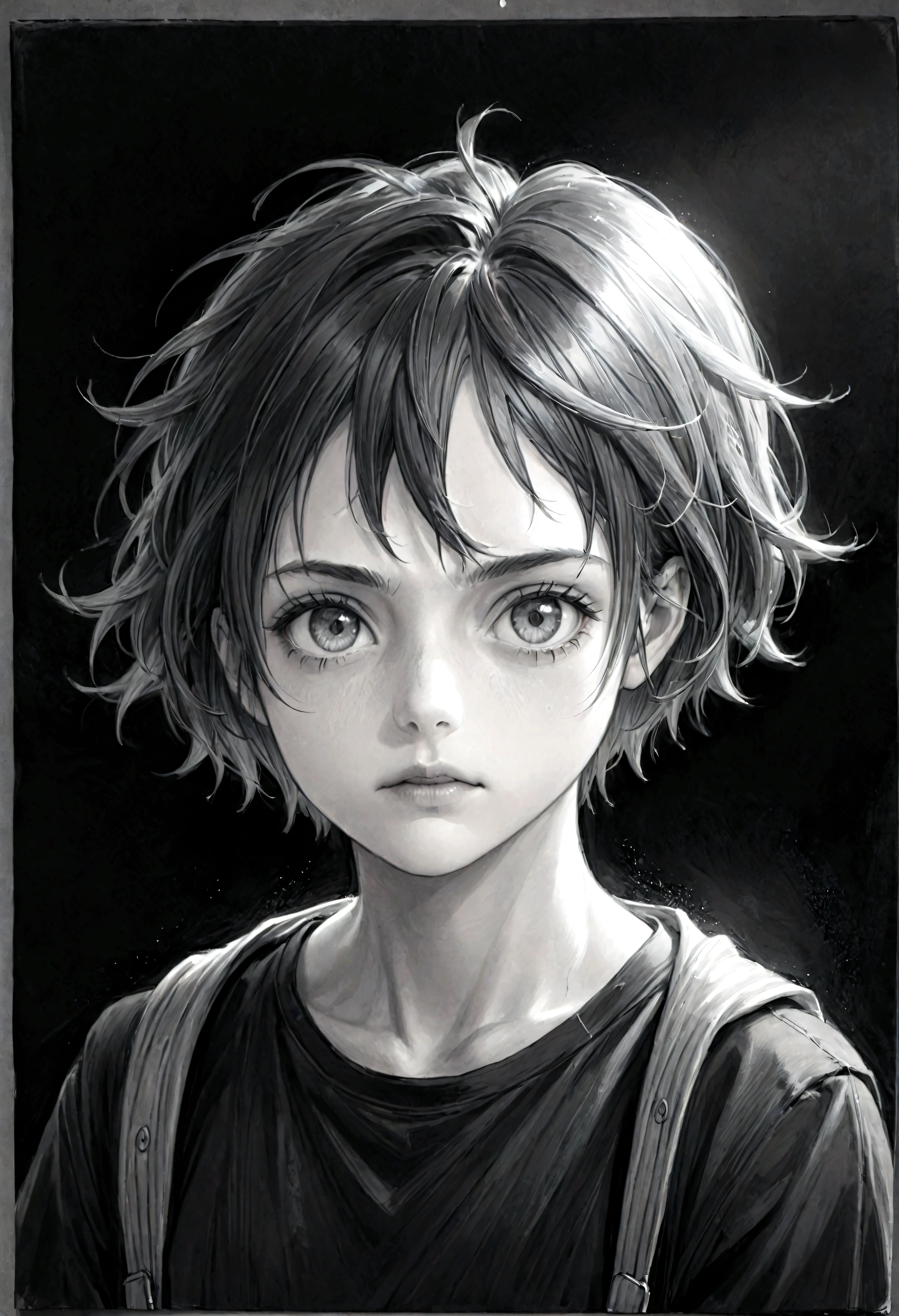 (High resolution,Practical) Short hair handsome tomboy girl, rugged, Moderate: pencil drawing, Detailed facial features, Determine the expression, Dark background