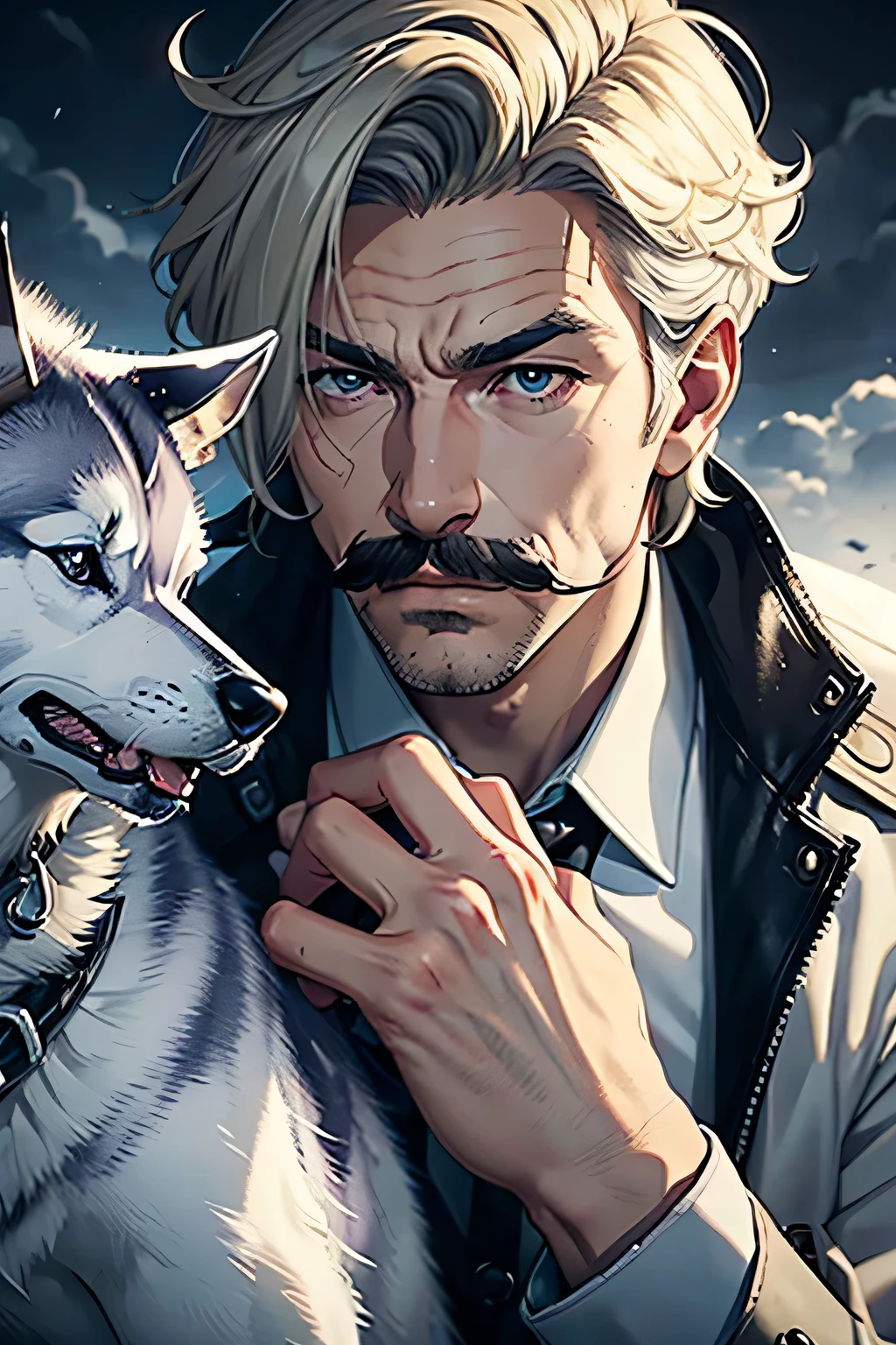 1man solo, detective, blonde hair, grey eyes, mustache, mean expression, big husky dog
Background: snowy, cloudy skies, he’s petting his dog, dynamic lighting