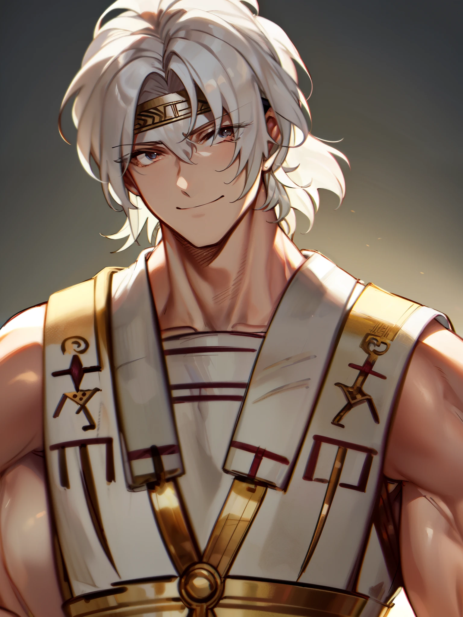 ((golden headband)), (greek armor), ((greek warrior)), ((white hair)), ((happy expression)), ((fair skin)), ((ancient greek clothing)), ((muscular body)), ((demigod of Zeus)), ((complementary colors)), ((mature male)), 1boy, beautifully drawn, high resolution illustration, best quality, High definition, ((detailed anime sketch)), Masterpiece, (solo), absurdres, portrait, ((upper body)), ((close-up)),  ((short hair)), detailed background, fine detail, male focus, HDR,