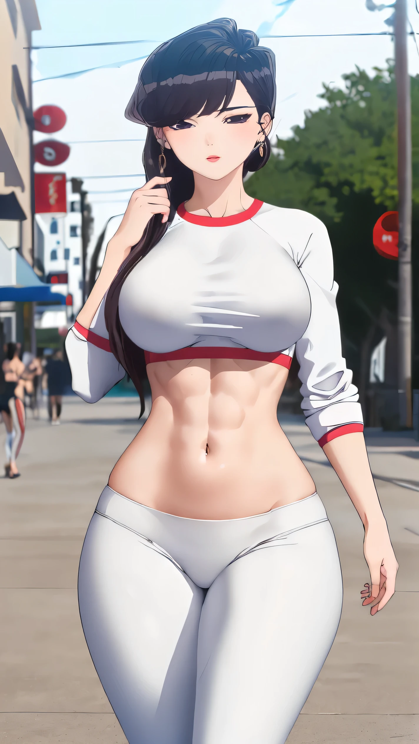 (masterpiece, 1girl, solo), (high quality), 8k, perfect eyes, perfect face, long sleeves, light blue shirt, tight white pants, standing, teasing, in the street, front of beach, cat logo in shirt,(((MFBP1, white legging pants, sexy woman, fitness, large breasts, large hips, curvy))),