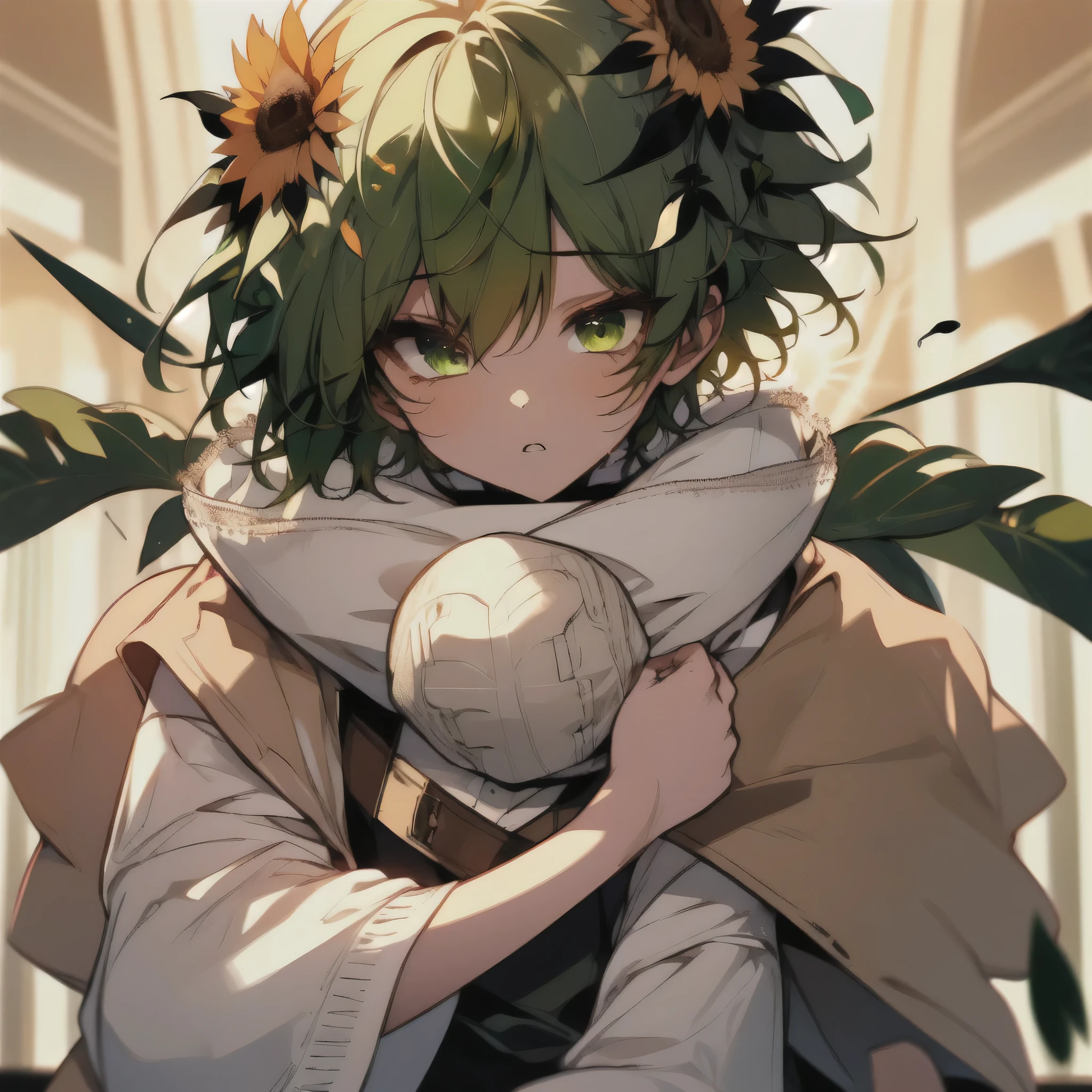 1boy, short green hair, sunflower hair ornament, eyeliner makeup,