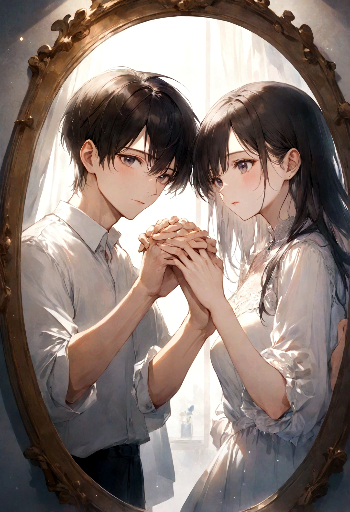 (masterpiece)、(Highest quality:1.1)、(Ultra HD:1.1)、A world divided into left and right、Woman looking in the mirror、Man and woman looking at each other in the mirror、Man looking at you from the mirror、They are looking at each other and holding out their hands、