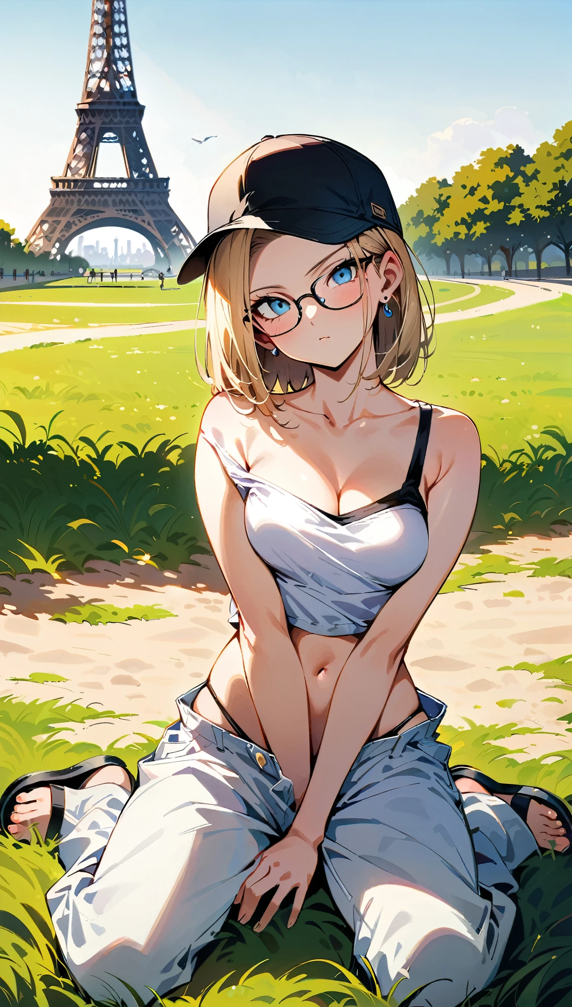 (masterpiece, best quality:1.2), full body shot, solo, Android 18 from Dragon Ball, collarbone, cleavage, ((slip-on one-shoulder crop top)), (light gray top:1.2), no jacket, midriff-baring, navel, ((white baggy pants with one button undone)), strings of thong underwear slightly visible, small breasts, short blonde hair loose, ((blue eyes)), ((wearing glasses)), earrings on earlobes, slender feminine figure, narrow waistline, skinny body, (plane black cap), (cap without logo), beach sandals, sunlight, head tilt, looking at viewer, light blush, arm between legs, wariza on the grass, vast grass, the Eiffel Tower, outside, natural lighting and shadows, blur background, 4K